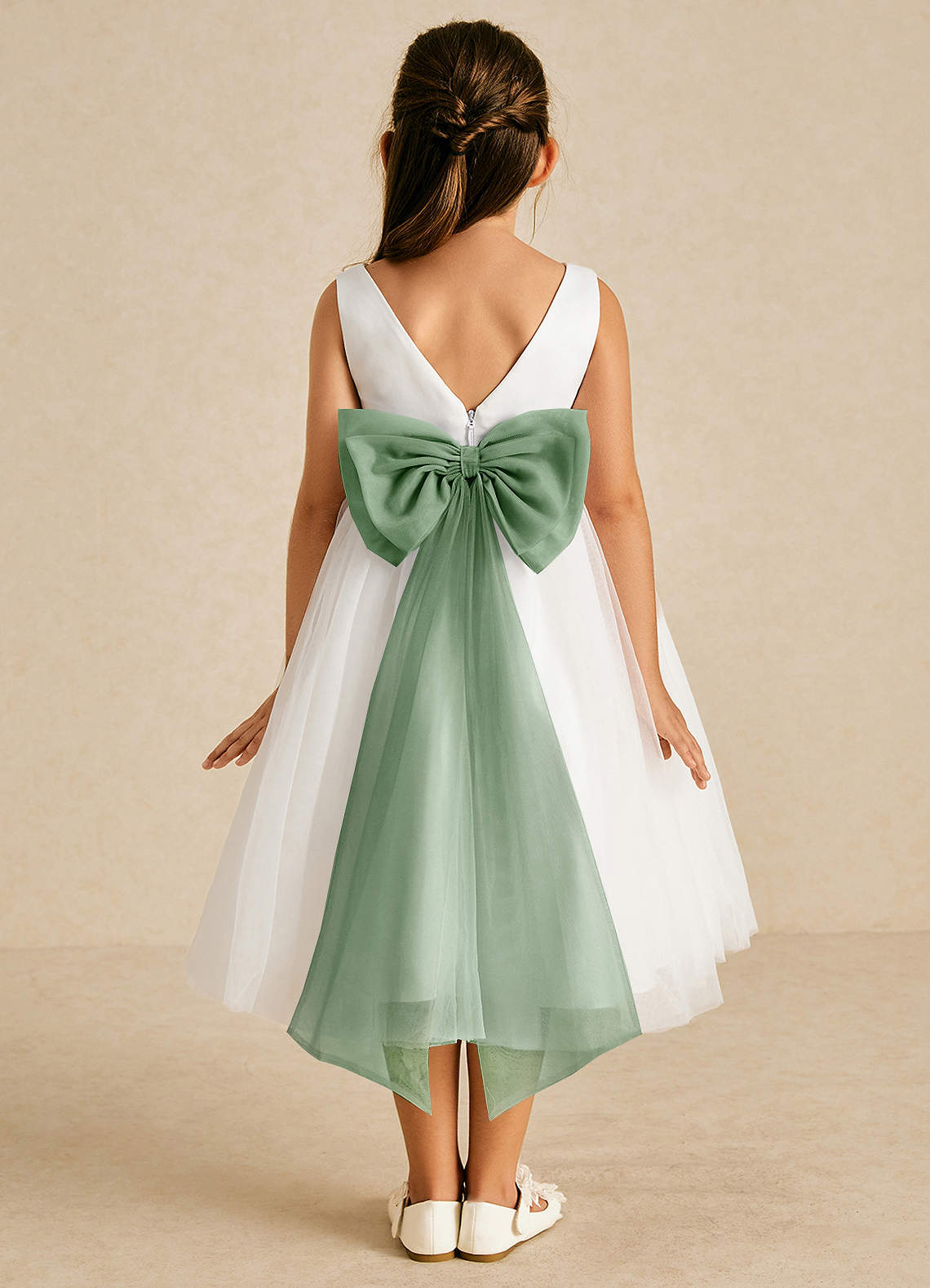 Azazie Kavi Flower Girl Dresses Ivory Matcha A-Line Bow Matte Satin Dress image1