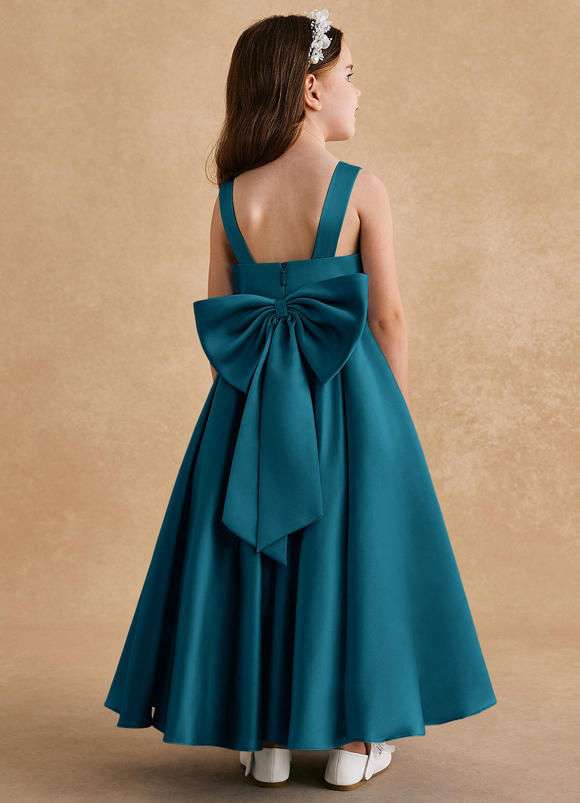 Azazie Honey Bear Flower Girl Dresses Ink Blue A-Line Pleated Matte Satin Dress image1