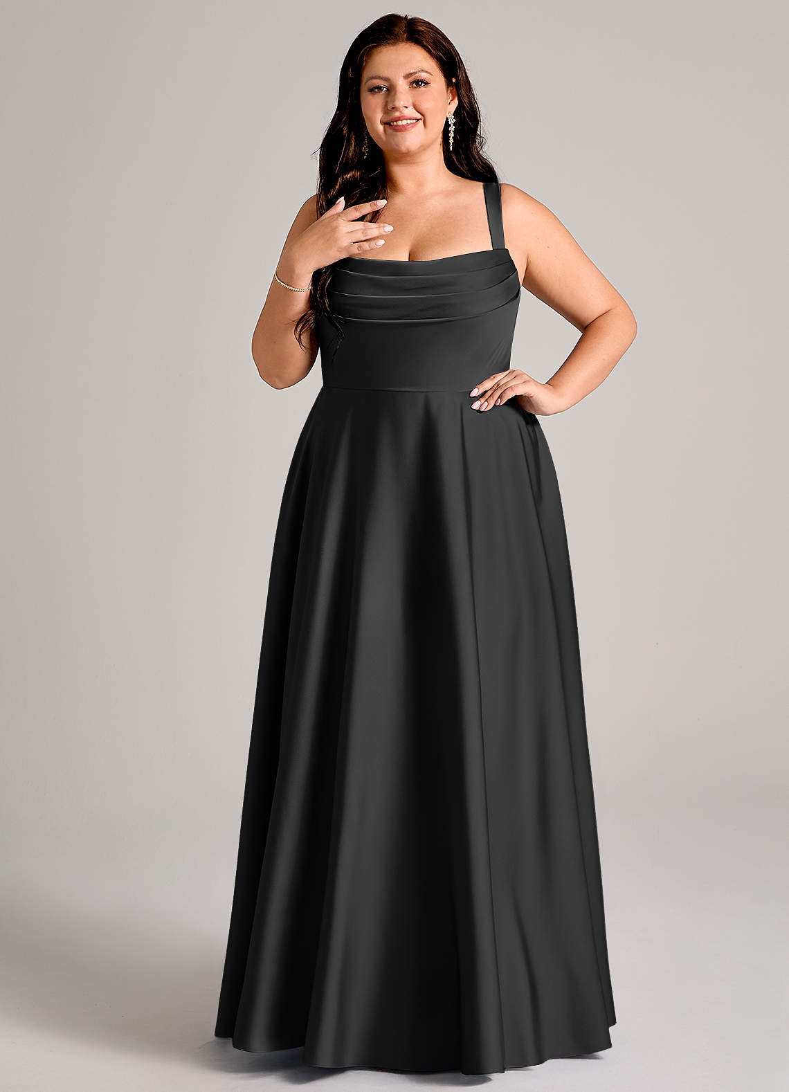 Azazie Shaude Bridesmaid Dresses Black A-Line Pleated Stretch Satin Dress image7