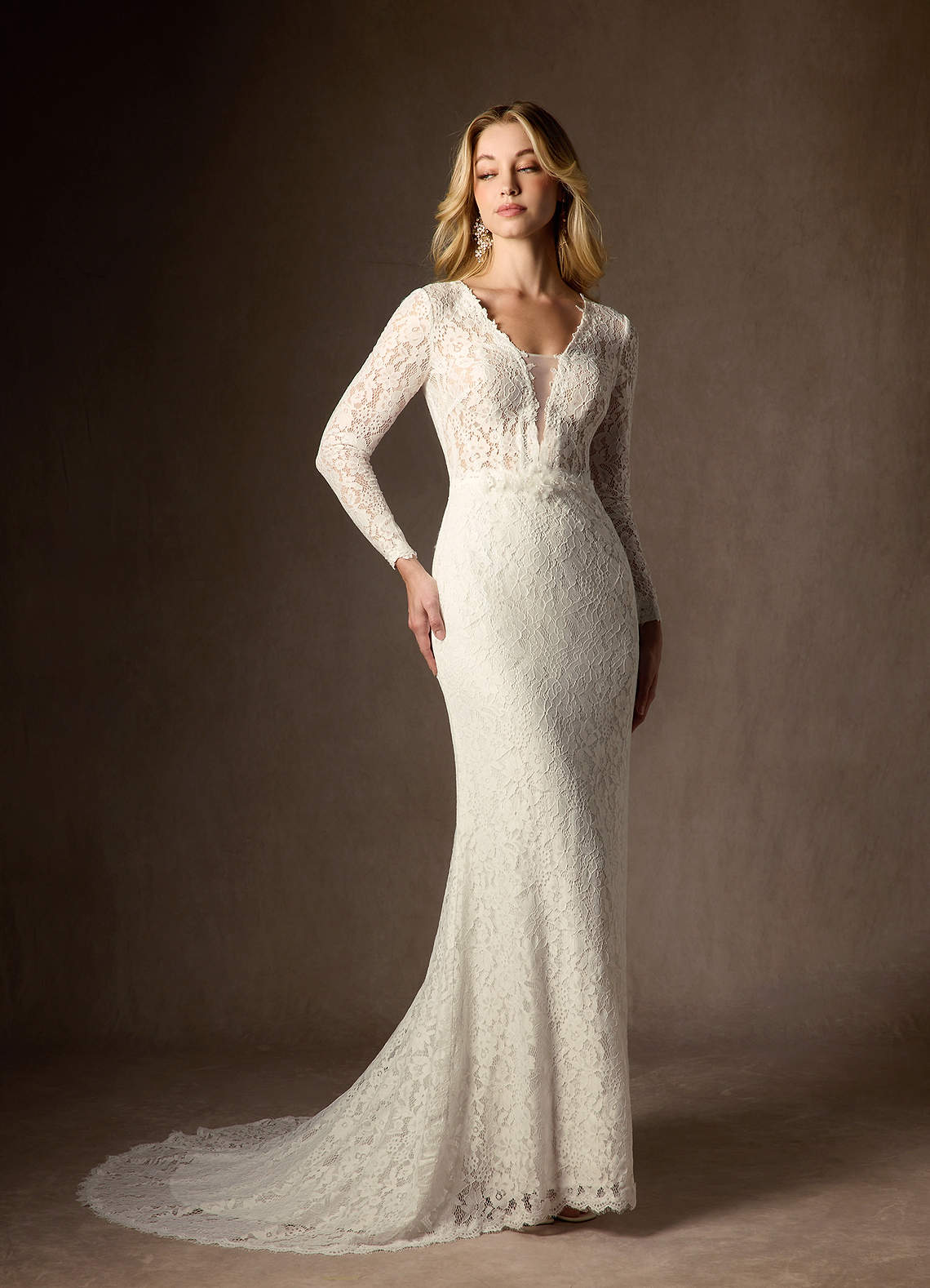 V-neck Long Sleeves Lace Top Tulle Long Wedding Dresses