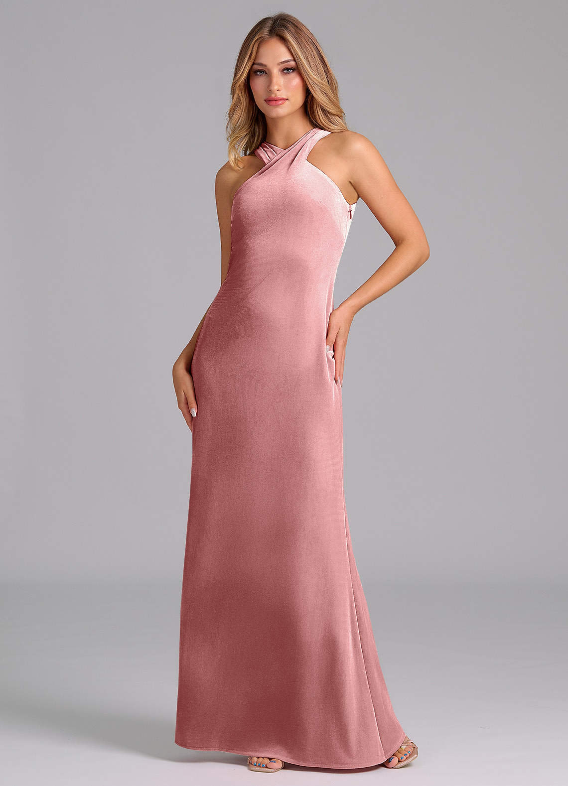 Azazie Doretta Bridesmaid Dresses Dusty Rose Mermaid Pleated Velvet Dress image1