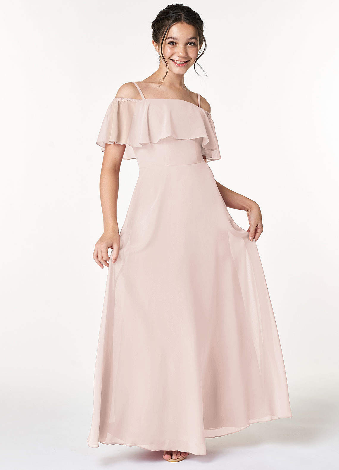 Azazie Maggie Junior Rose Petal A-Line Off the Shoulder Chiffon Dress image1
