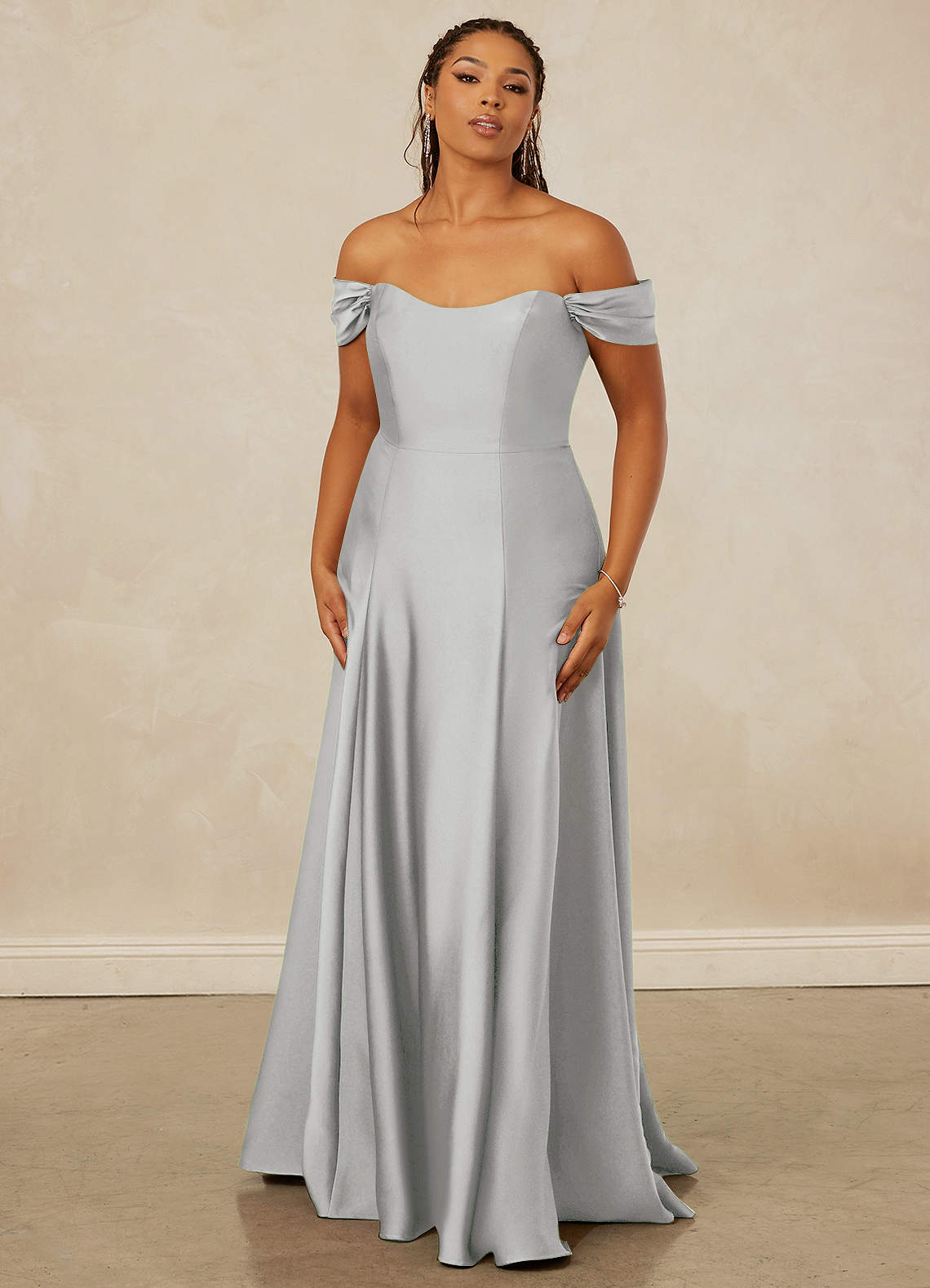 Christian Siriano Bridal for Azazie 1002 Robes de demoiselle d'honneur Robe Trapèze Convertible en Satin extensible Épaule décolletée Argent image1