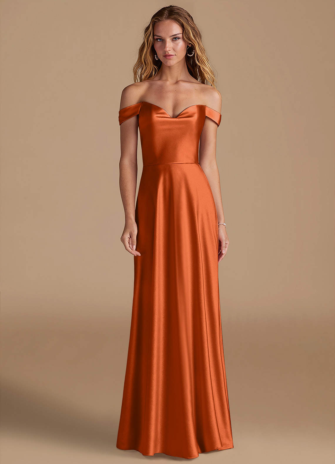 Azazie Jackalin Bridesmaid Dresses Burnt Orange A-Line Off the Shoulder Metallic Satin Convertible Dress image1