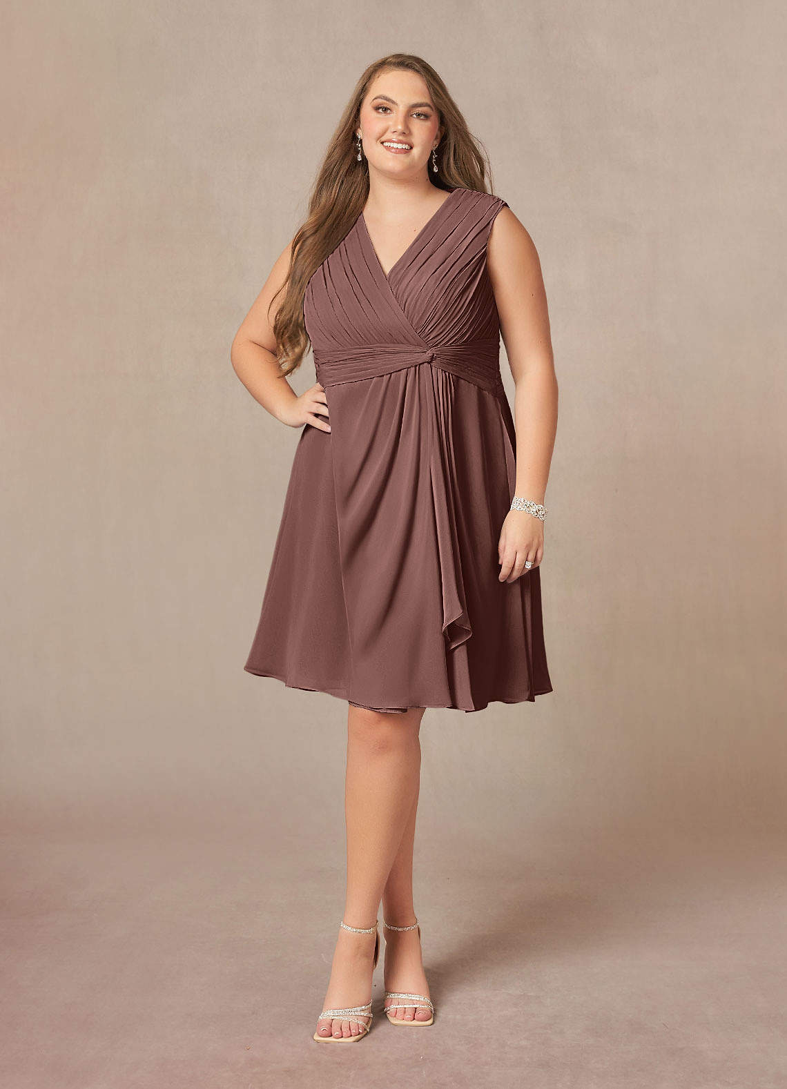 Azazie Theron Mother of the Bride Dresses Espresso A-Line V-Neck Pleated Chiffon Dress image1