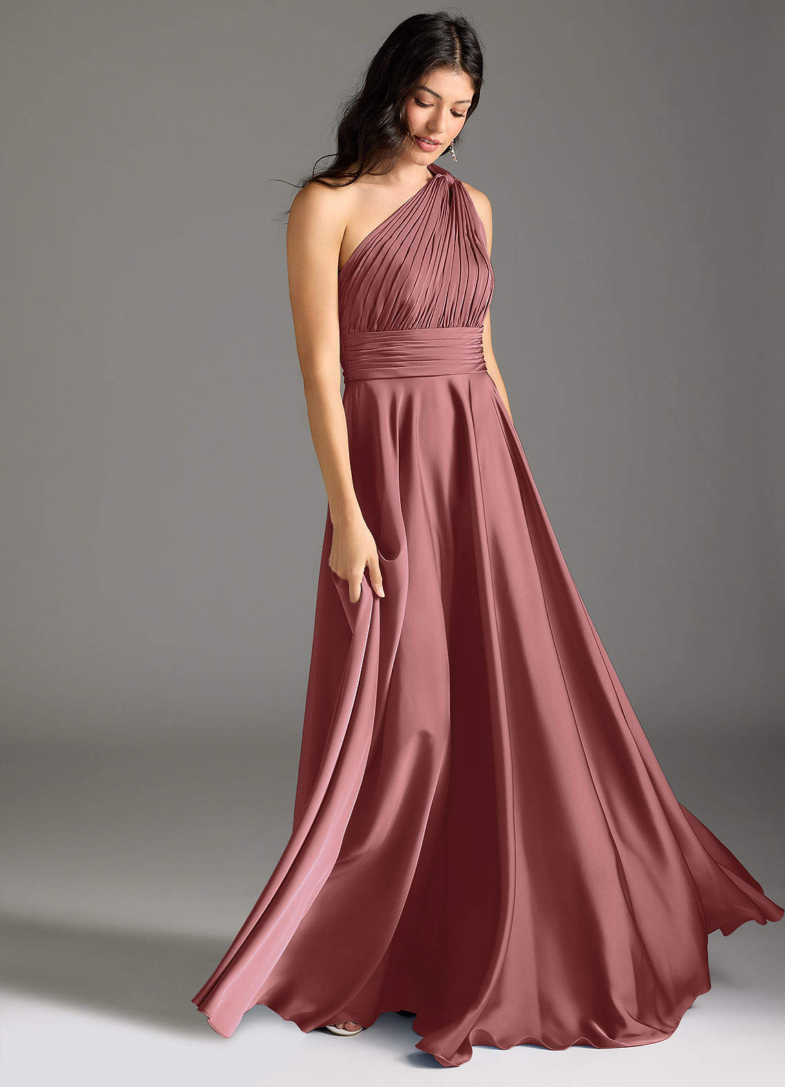 Azazie Charlize Bridesmaid Dresses Amethyst A-Line One Shoulder Stretch Satin Dress image2