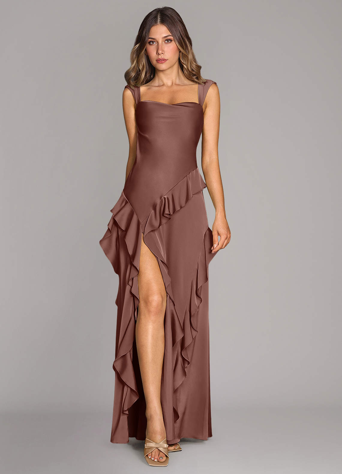 Azazie Sloane Bridesmaid Dresses Espresso A-Line Sweetheart Neckline Stretch Satin Dress image1
