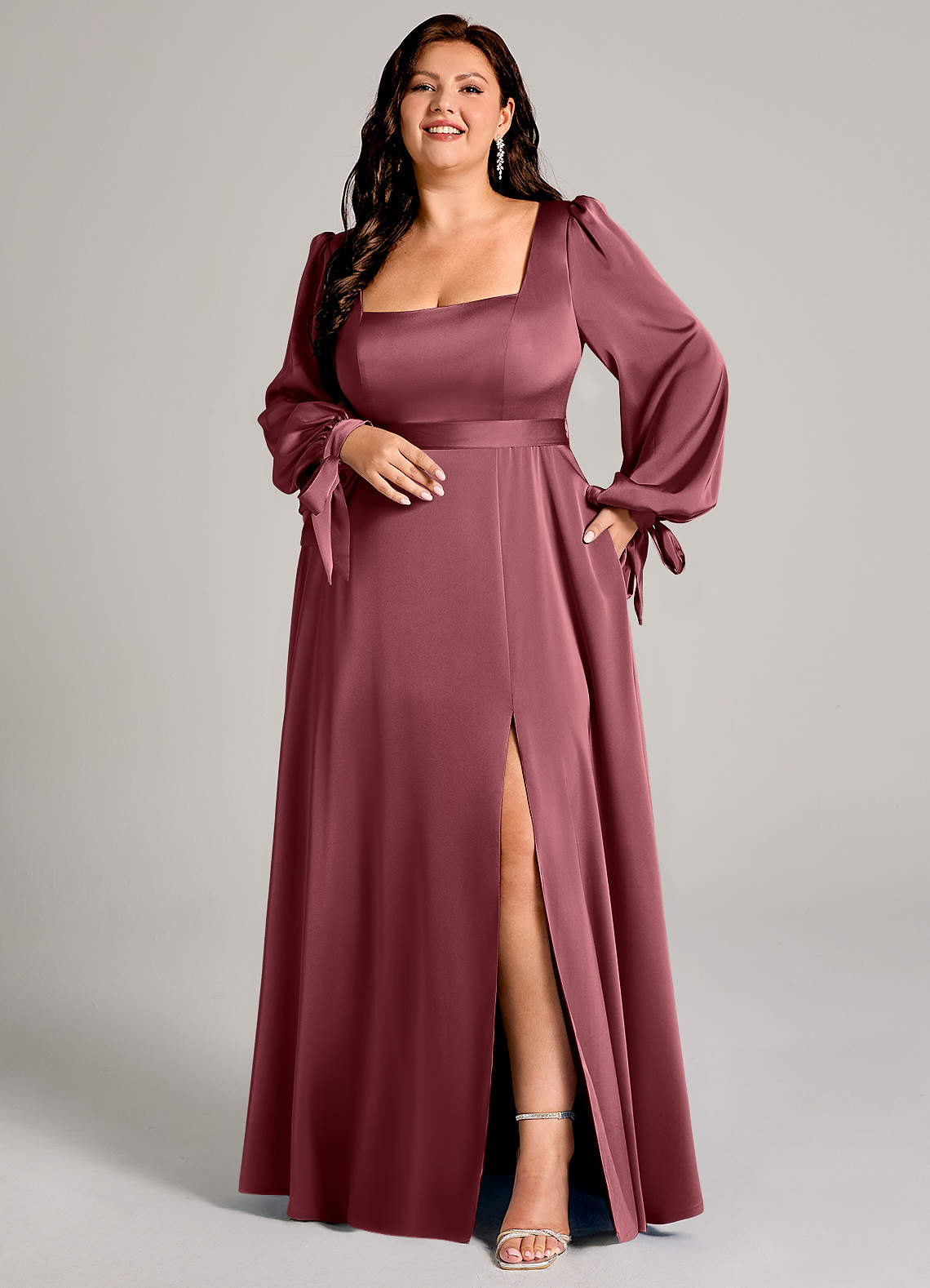 Azazie Leonia Bridesmaid Dresses Desert Rose A-Line Long Sleeve Stretch Satin Dress image1