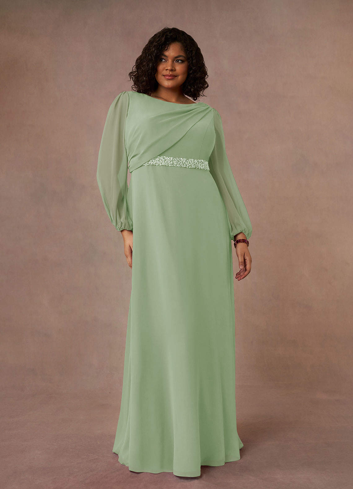Azazie Priyanka Mother of the Bride Dresses Dusty Sage A-Line Boatneck Pleated Chiffon Dress image1