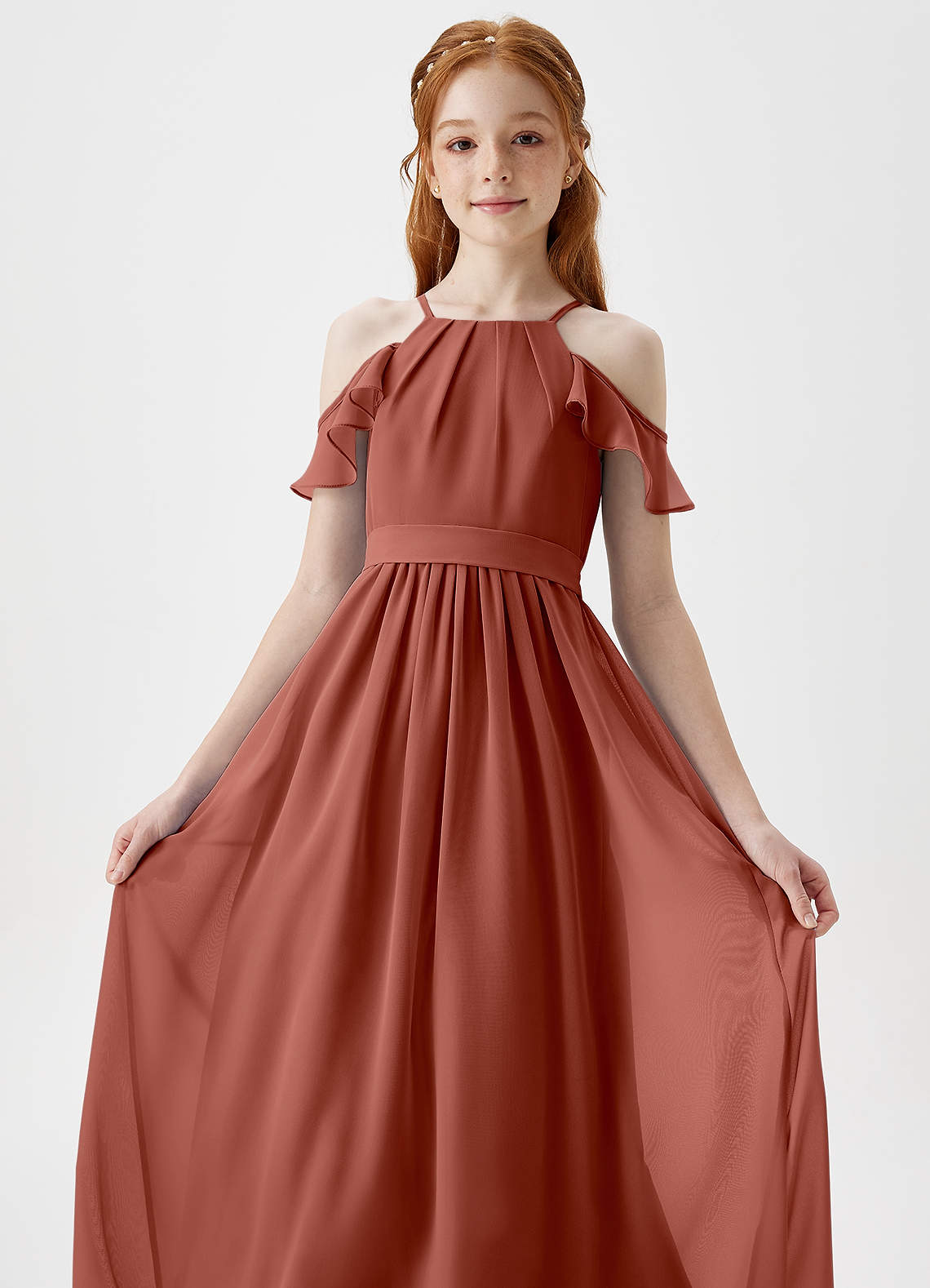 Azazie Chaya Junior Jurk van Chiffon met A-Lijn Off the Shoulder Kastanjebruin image1