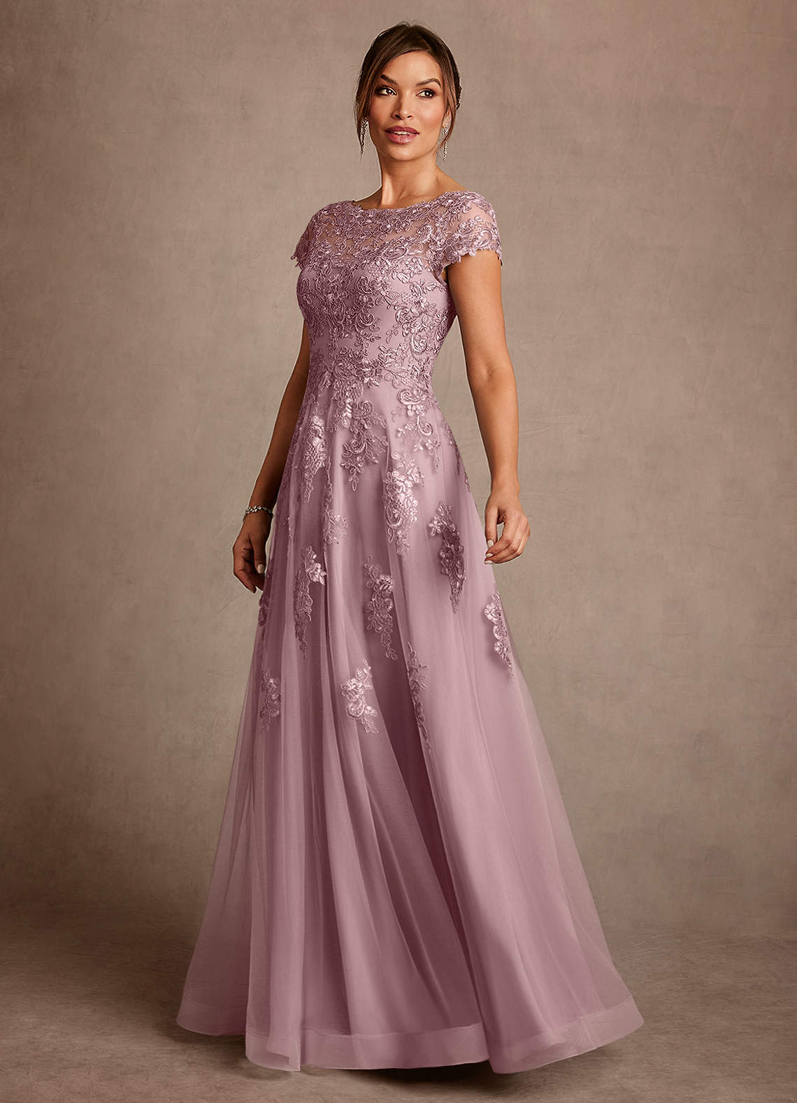 Azazie Jalinda vestidos de madre de la novia Vestido de Rosa Polvorienta de Gasa de Corte en A con Encaje image3