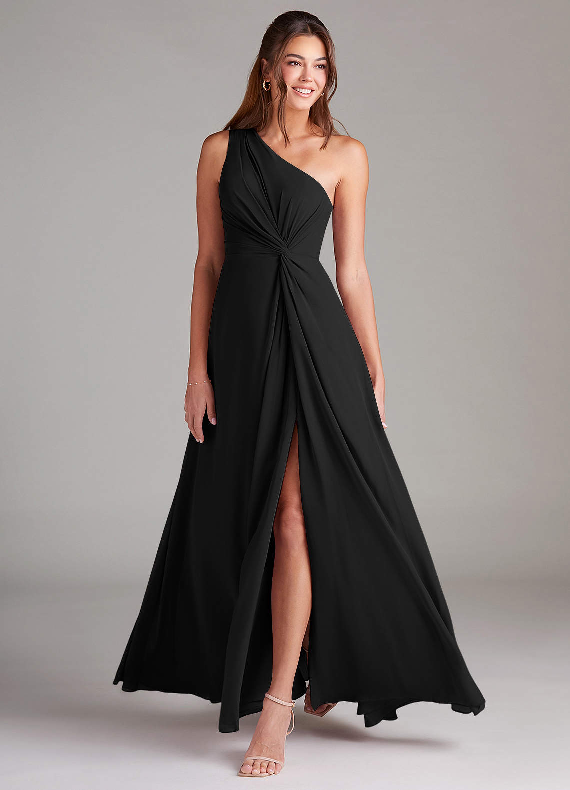 Azazie Brooke Bridesmaid Dresses Black A-Line One Shoulder Chiffon Dress image2