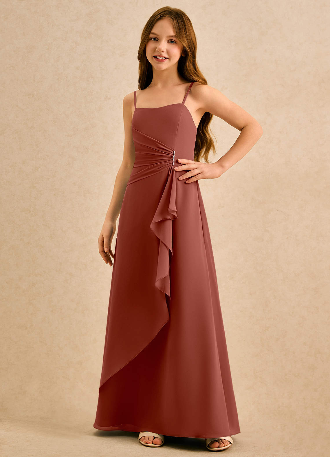 Azazie lolly Girls Formal Robe Demoiselle D'honneur Fillette Robe Trapèze en Mousseline de soie Plissée Auburn image4