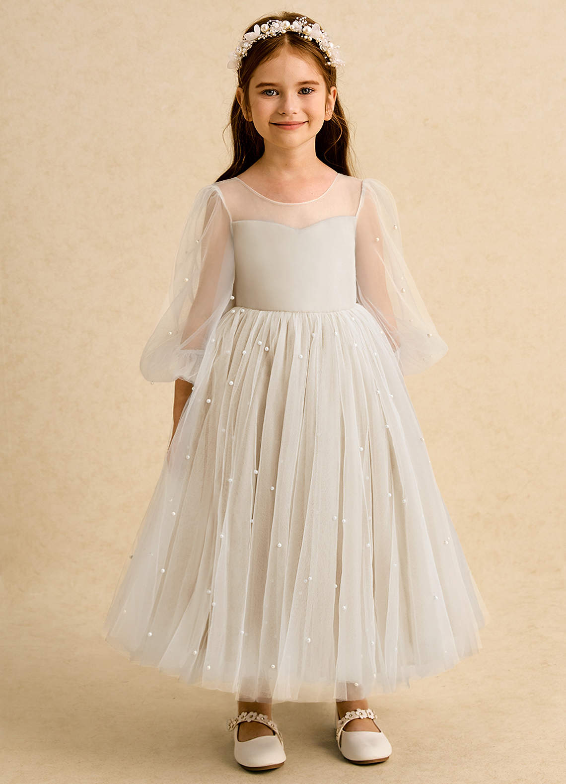 Azazie Trudy Flower Girl Dresses Champagne Ball-Gown Sweetheart Neckline Tulle Dress image5