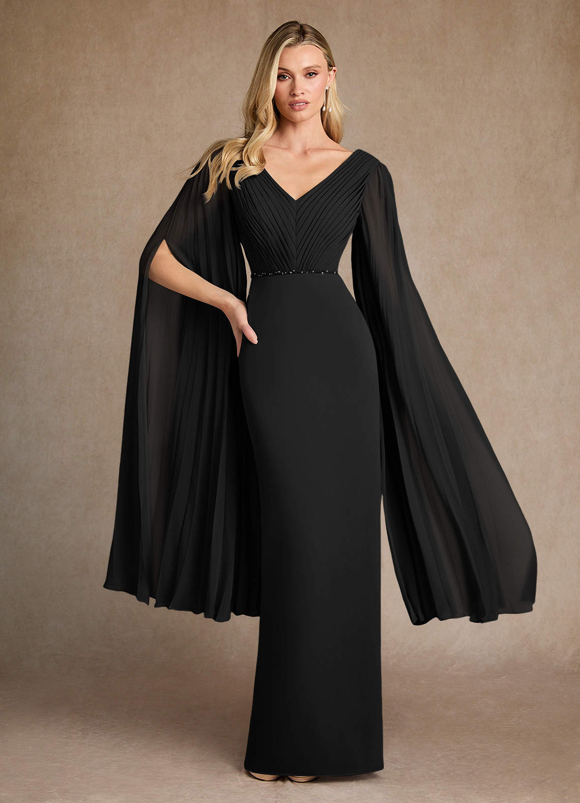 Azazie Ellsworth Mother of the Bride Dresses Black Column Pleated Stretch Crepe Dress image1