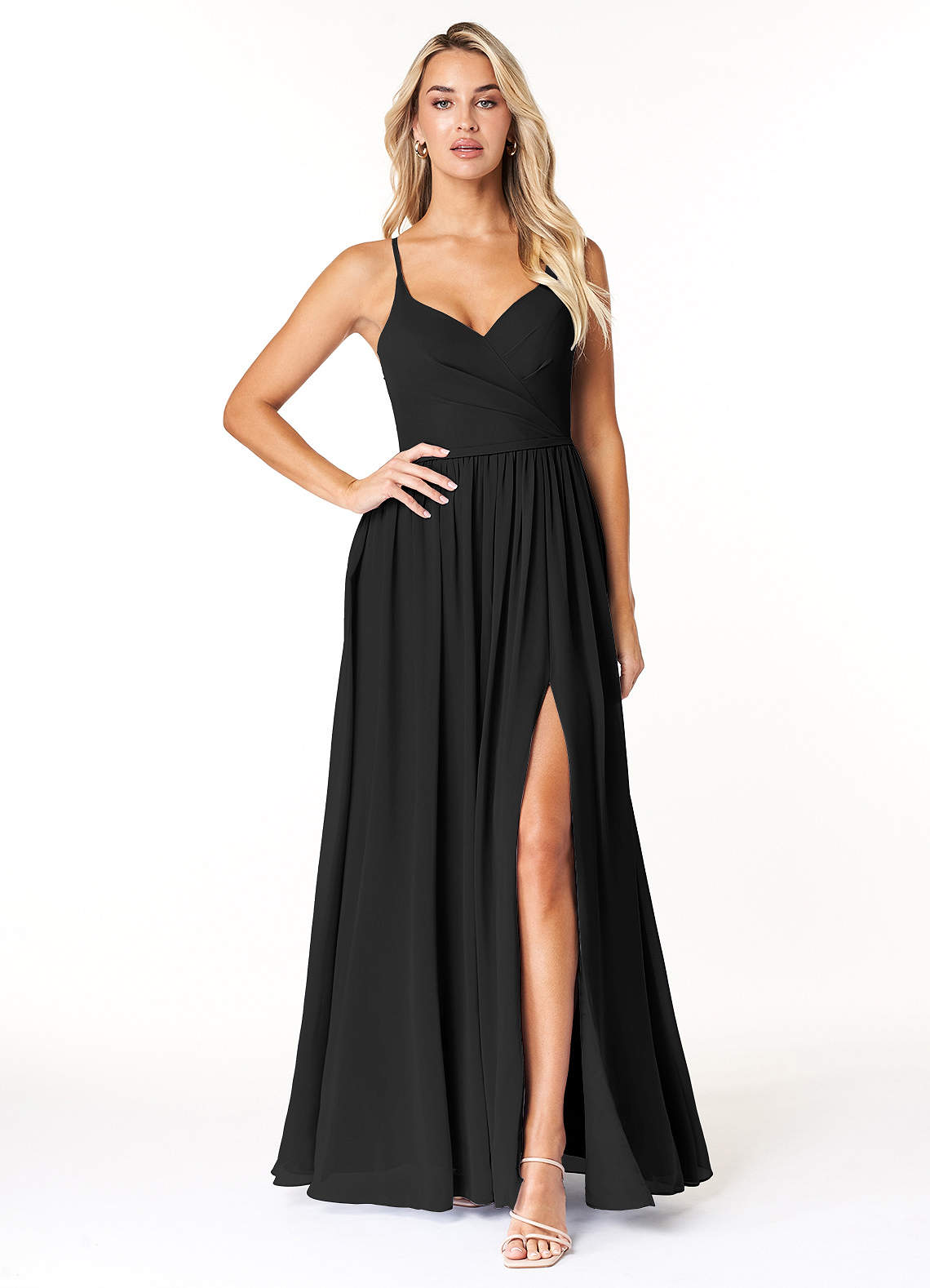 Azazie Dominic Bridesmaid Dresses Black A-Line V-Neck Pleated Chiffon Dress image1
