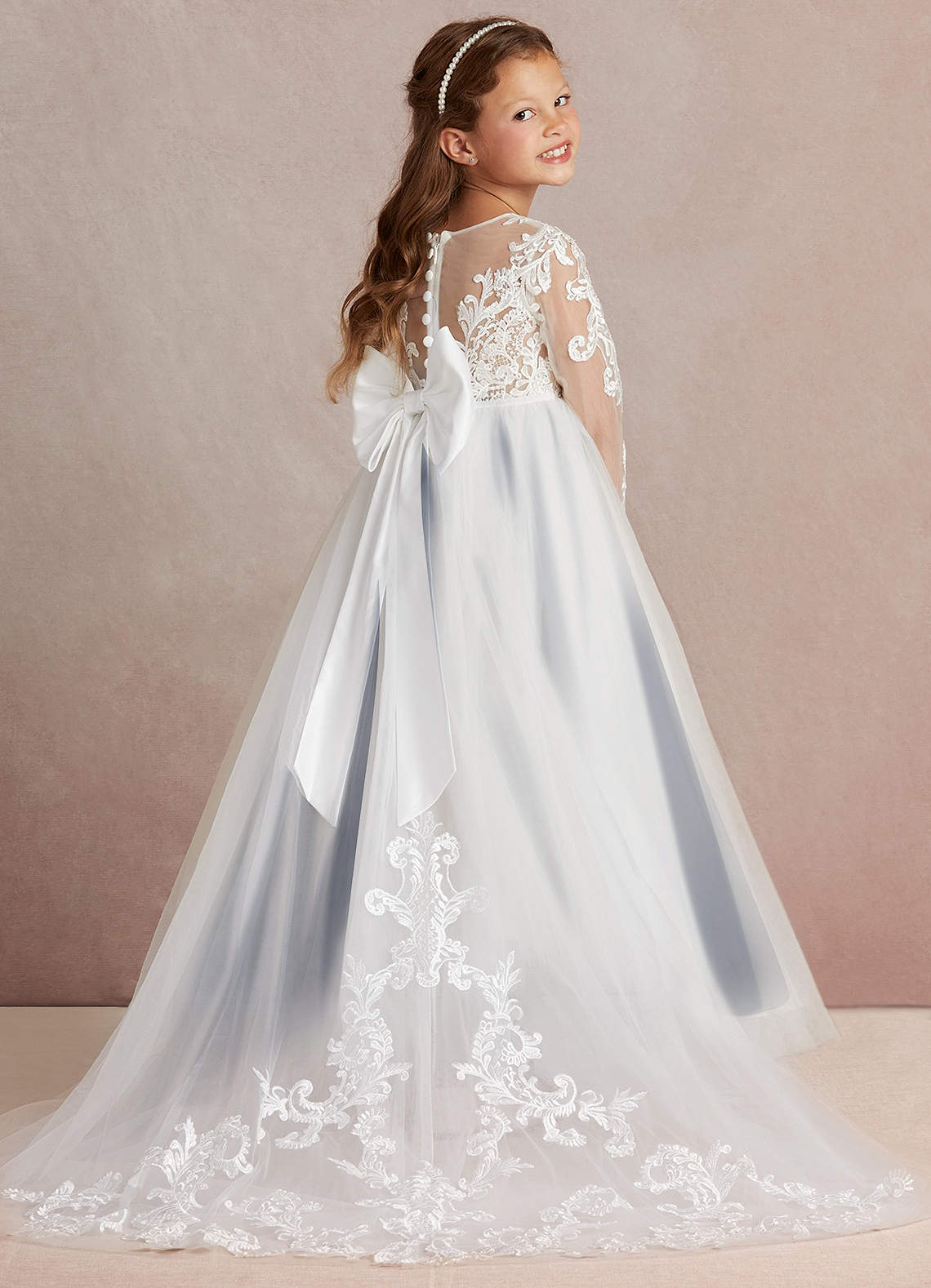 Azazie Elodie Flower Girl Dresses Ivory Dark Navy Ball-Gown Lace Dress image1