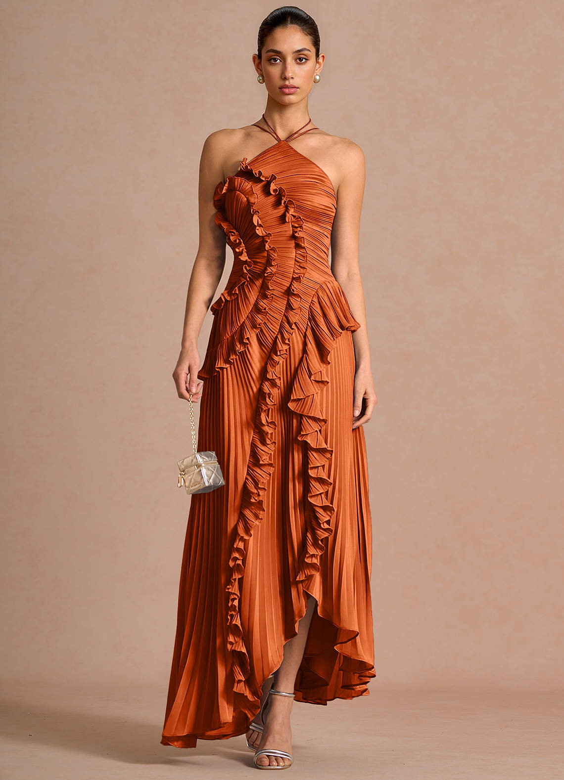 bingham halter midi dress Champagne Pleated Halter Midi Dress – Gabi Swimwear main image 1