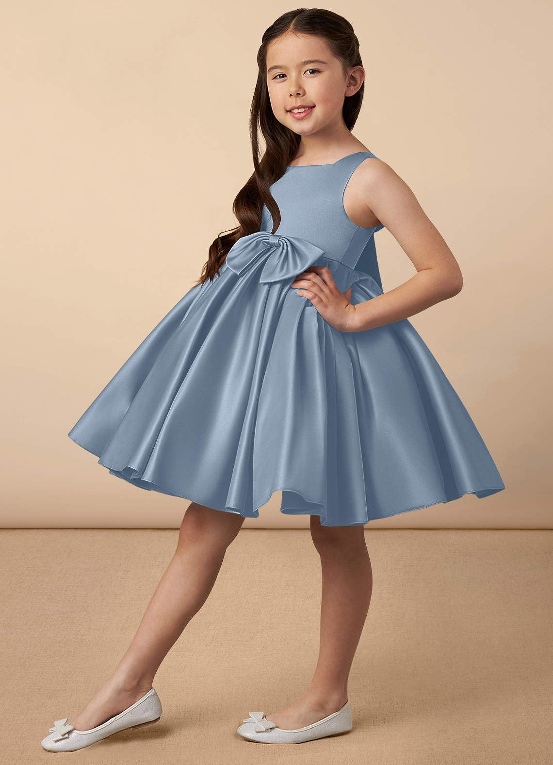 Azazie Bo Peep Venta final Vestido de Azul Polvoriento de Satin Mate de Corte en A con Lazo image1