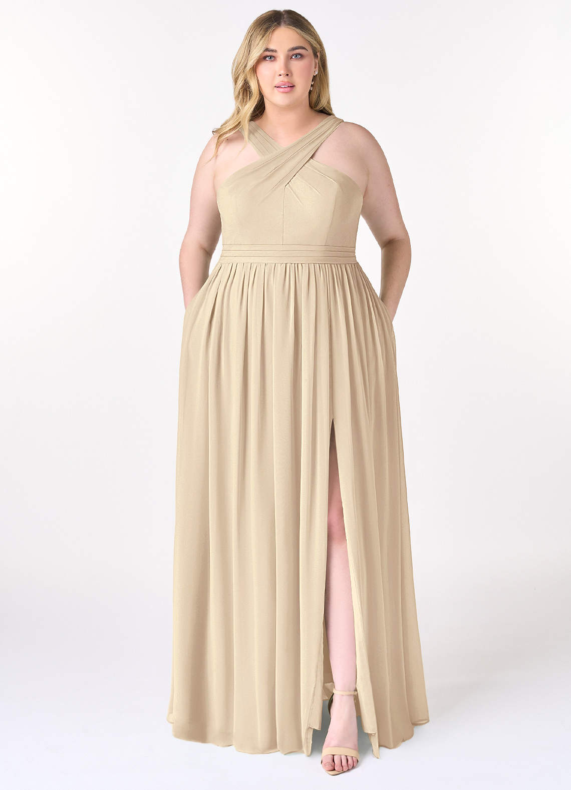 Azazie Elvira Bridesmaid Dresses Champagne A-Line Pleated Chiffon Dress image1