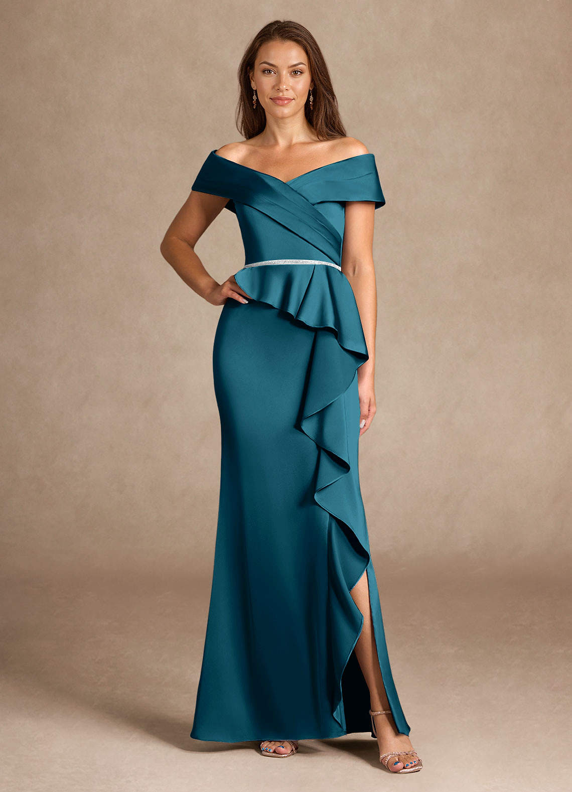 Azazie Dareia Mother of the Bride Dresses Ink Blue Mermaid Off the Shoulder Stretch Satin Dress image1