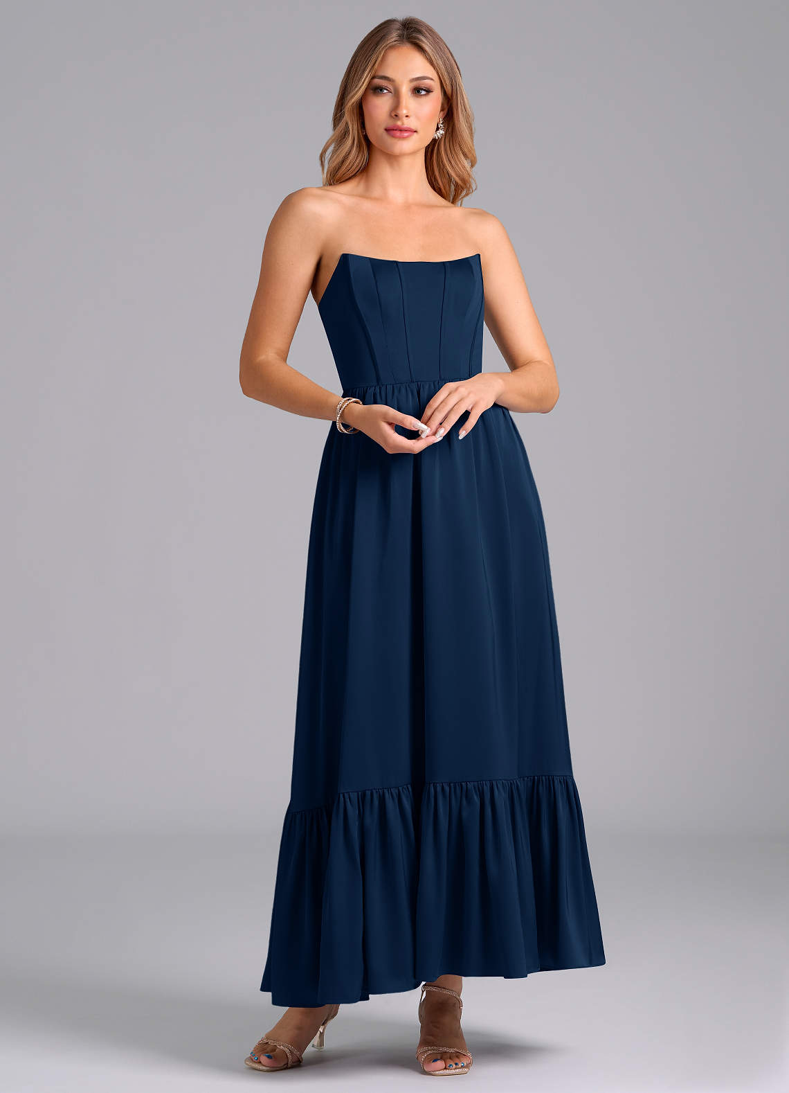 Azazie Leilana Bridesmaid Dresses Dark Navy A-Line Corset Stretch Satin Dress image1