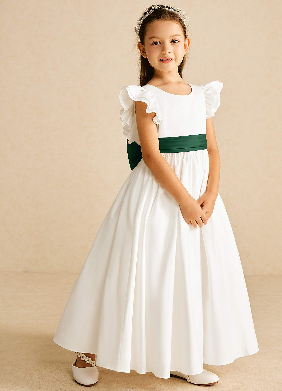 Azazie Aero Flower Girl Dresses Ivory Dark Green A-Line Pleated Cotton Dress image4