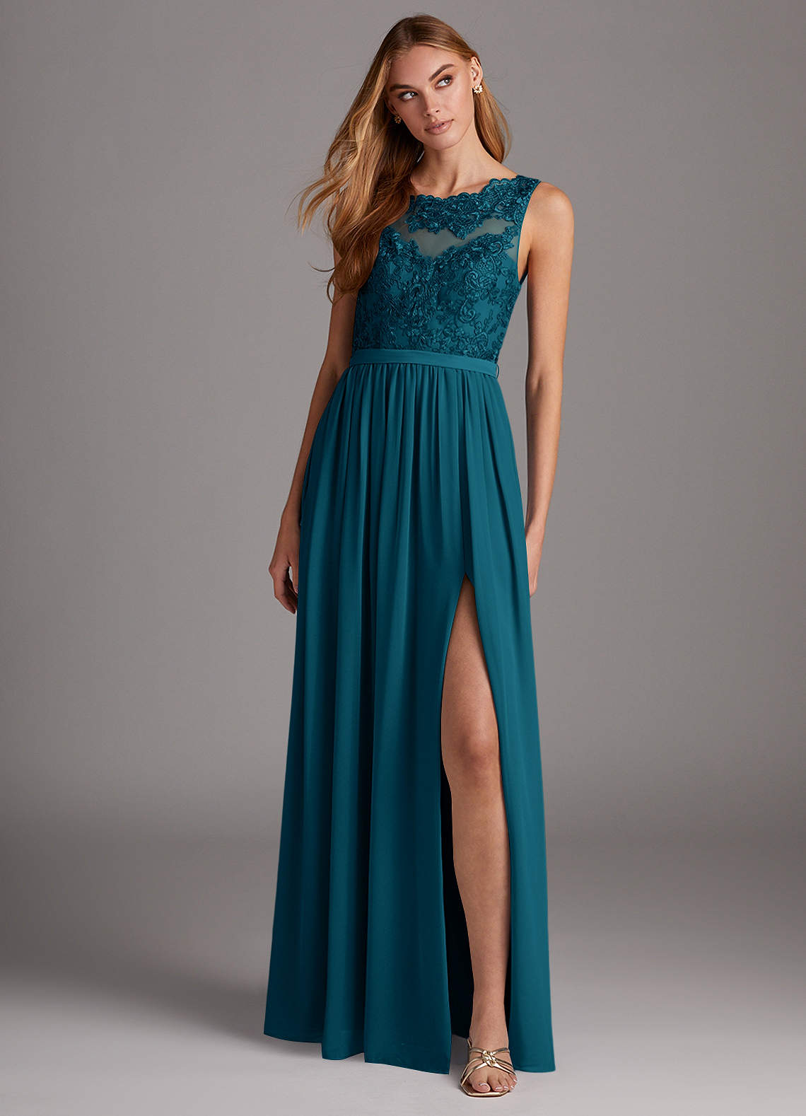 Azazie Elly Bridesmaid Dresses Ink Blue A-Line Lace Scoop Neck Chiffon Dress image2