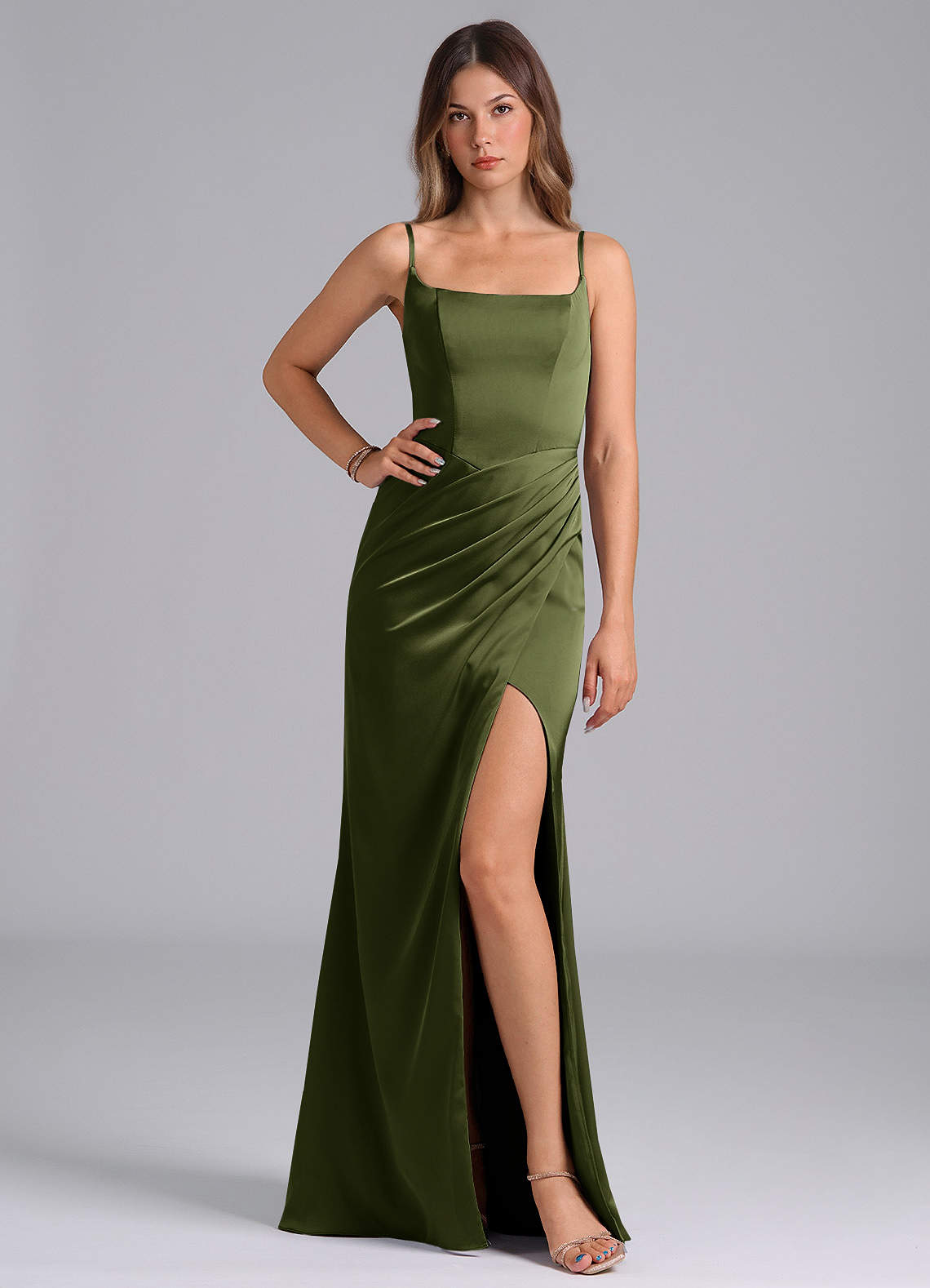 Azazie Donielle Bridesmaid Dresses Olive Mermaid Corset Stretch Satin Dress image1