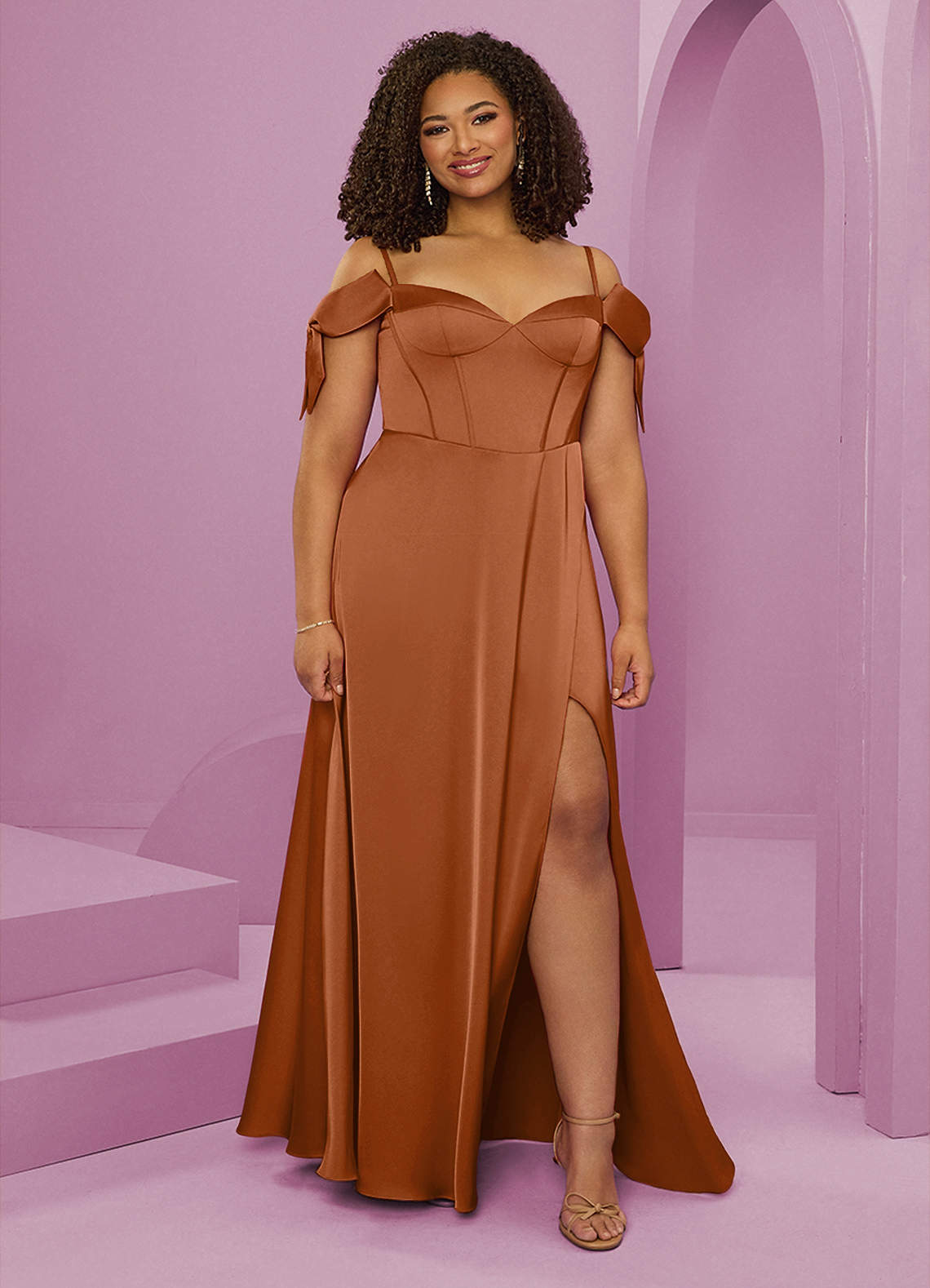 Barbie ♥ Azazie Bridesmaid Dresses Copper A-Line Off the Shoulder Stretch Satin Dress image1