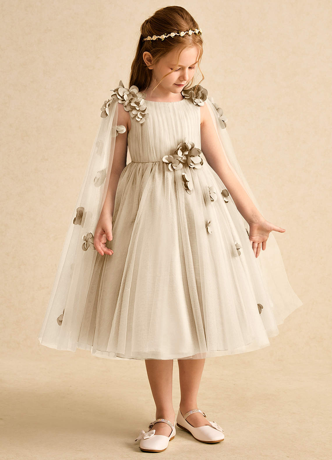 Azazie Staria Vestidos de florista Vestido Champanhe de Tule de Vestido de baile com Franzido image6