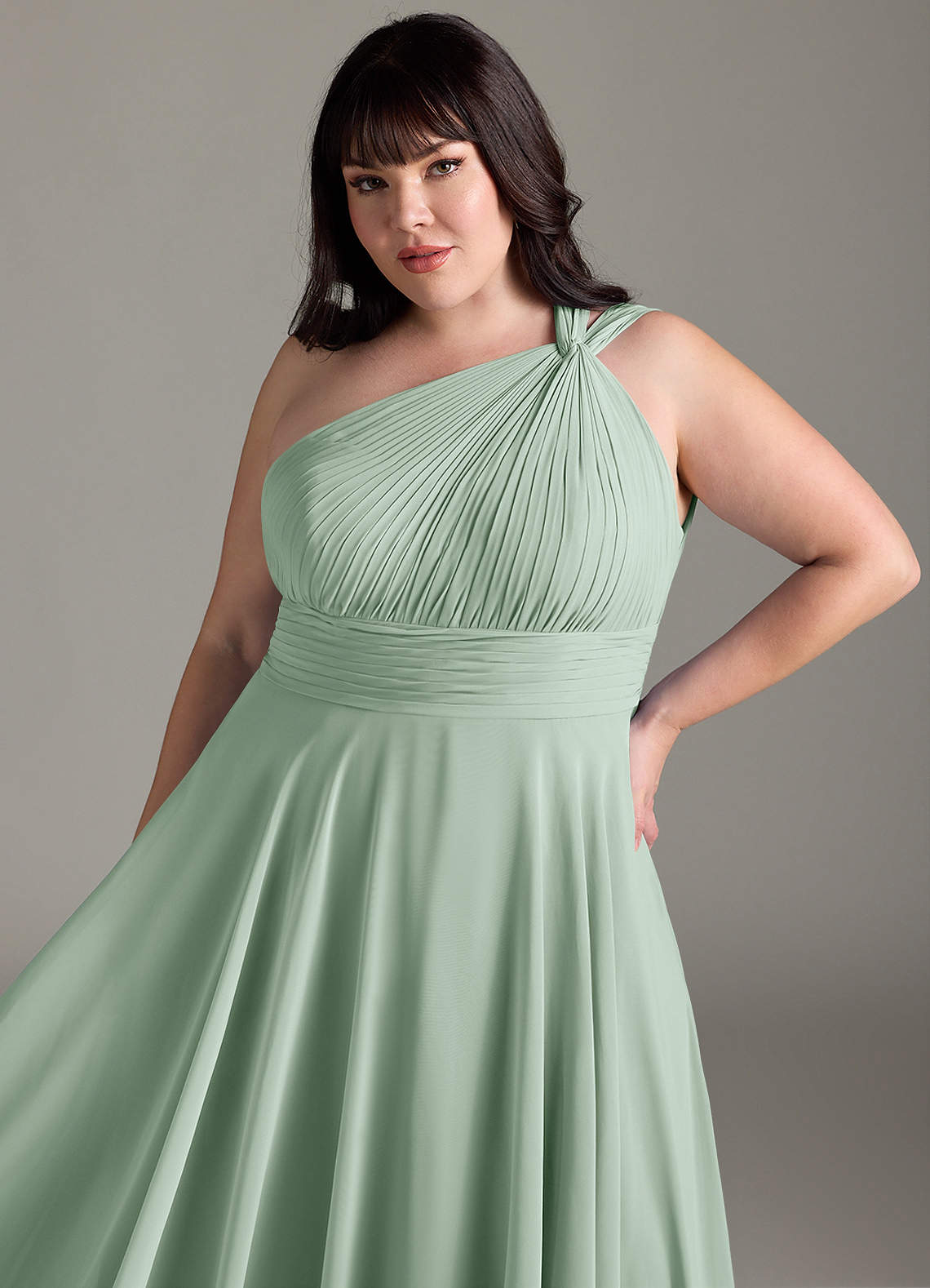 Azazie Charlize Bridesmaid Dresses Agave A-Line One Shoulder Chiffon Dress image11