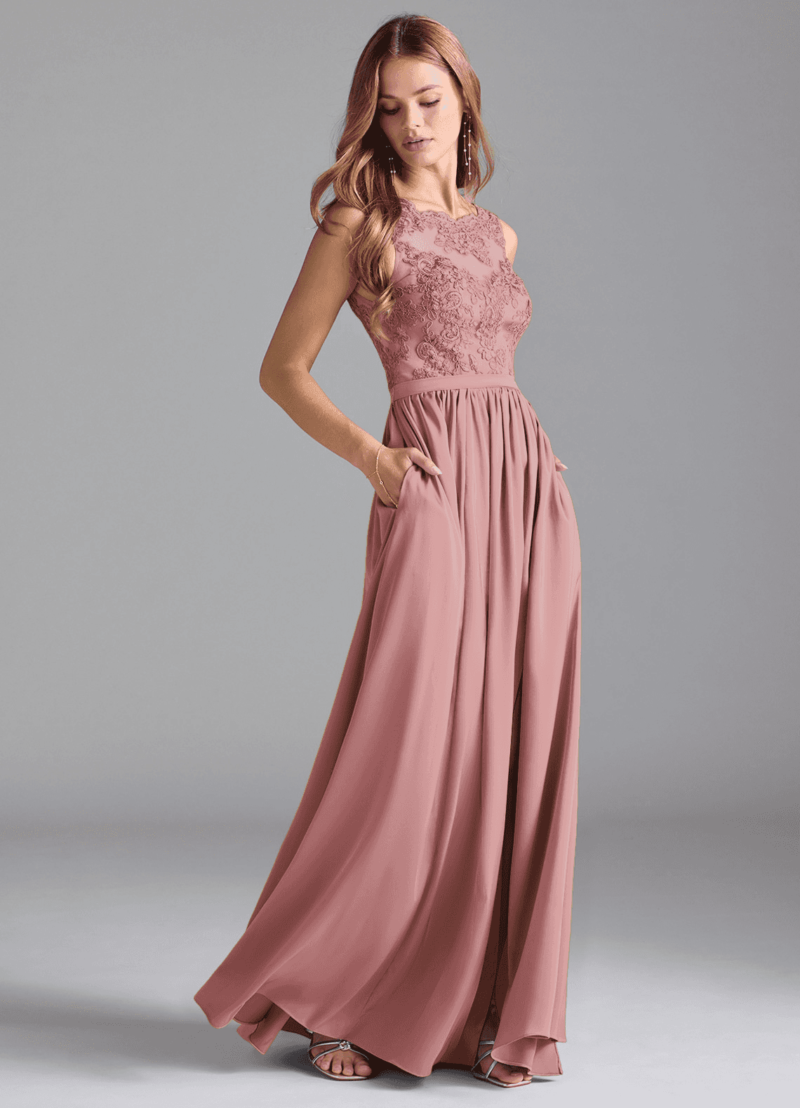Azazie Elly Bridesmaid Dresses Dusty Rose A-Line Lace Stretch Satin Dress image1