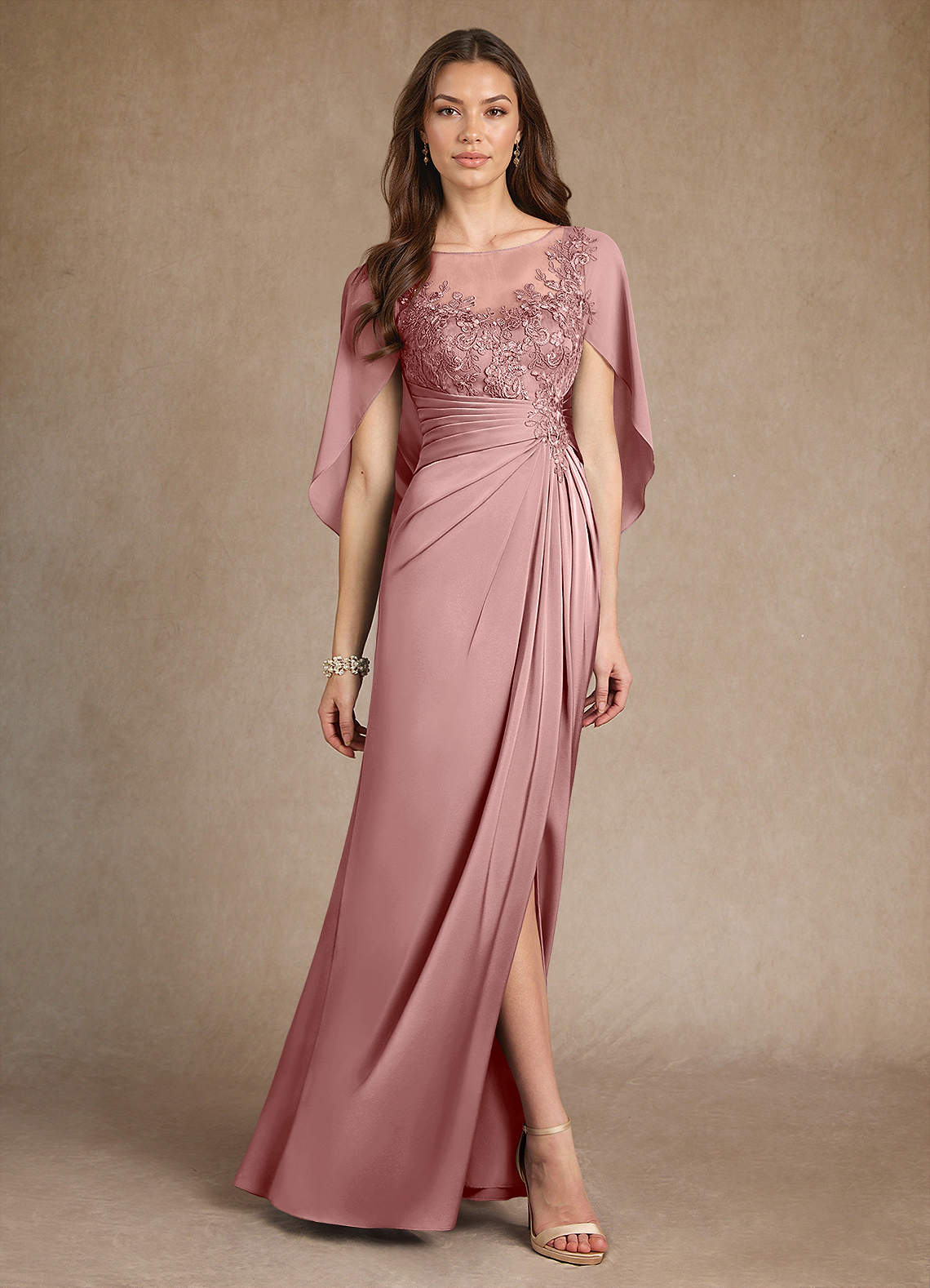 Azazie Hera Mother of the Bride Dresses Dusty Rose A-Line Lace Stretch Satin Dress image3