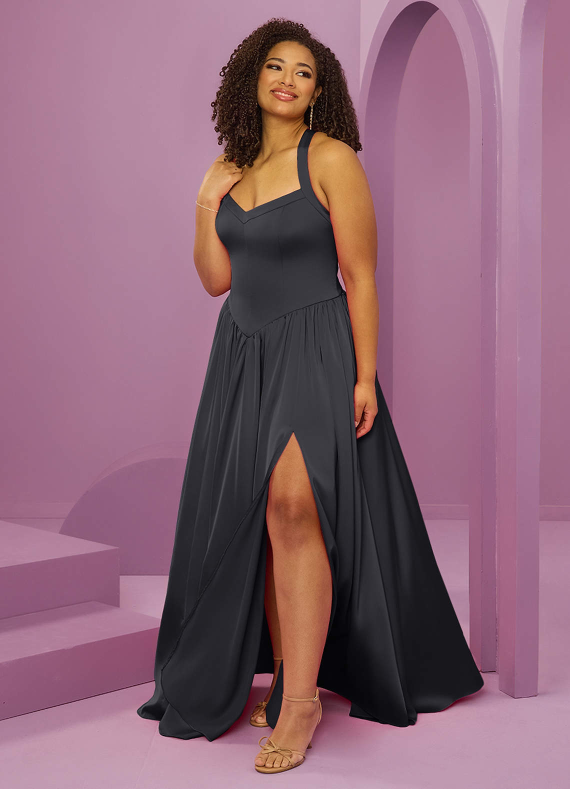 Barbie ♥ Azazie Bridesmaid Dresses Lace Up V-Neck Stretch Satin A-Line Dress image10