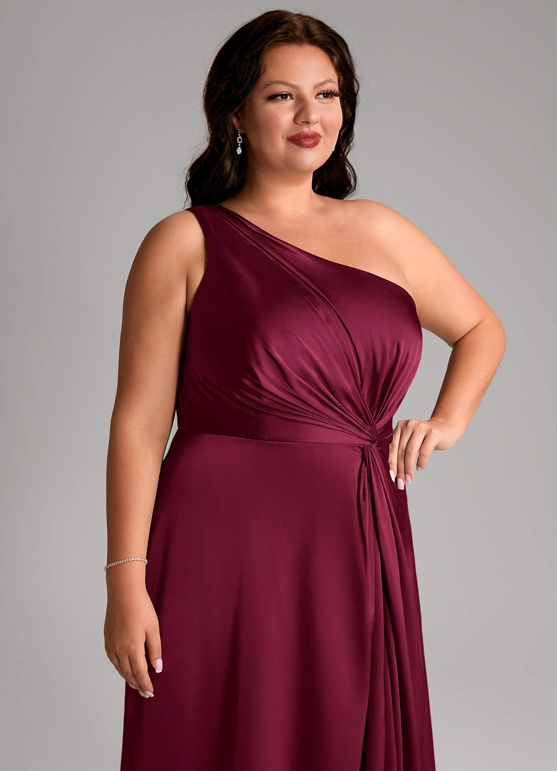 Azazie Brooke Bridesmaid Dresses Burgundy A-Line One Shoulder Stretch Satin Dress image13