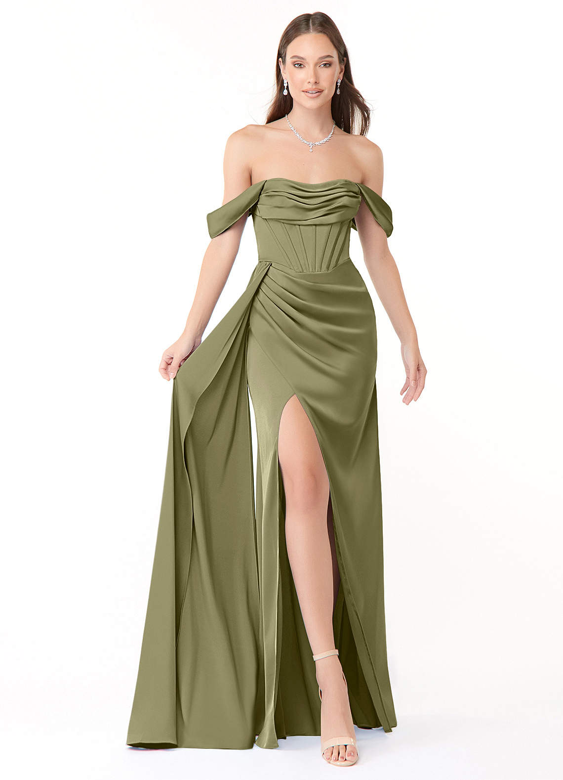 Azazie Amyra Vestidos de damas de honor Vestido de Pistacho de Satén Elástico de Corte Recto Convertible con Vestidos sin tirantes image1