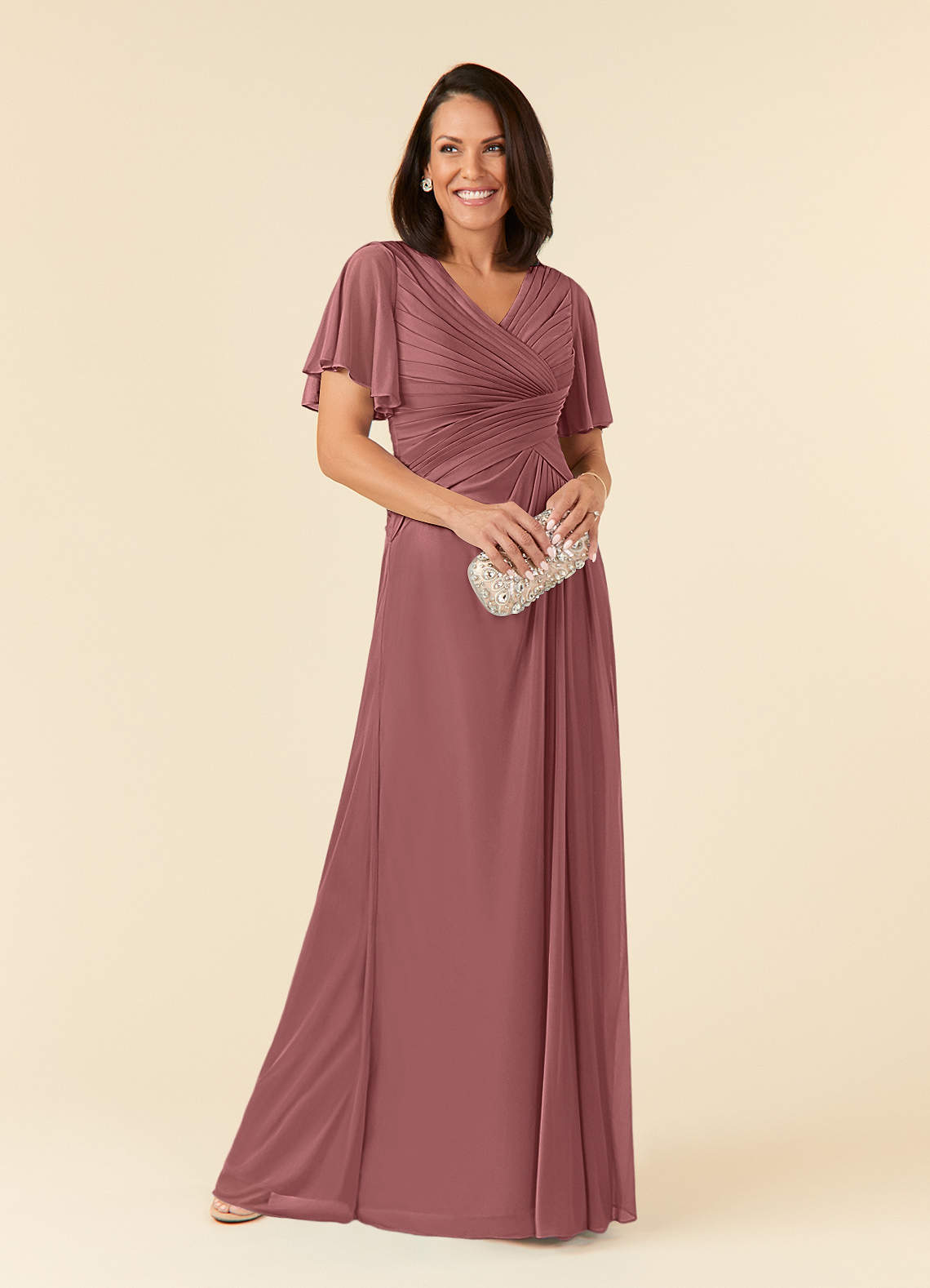 Azazie Emmeline Mother of the Bride Dresses Desert Rose A-Line V-Neck Pleated Mesh Dress image1