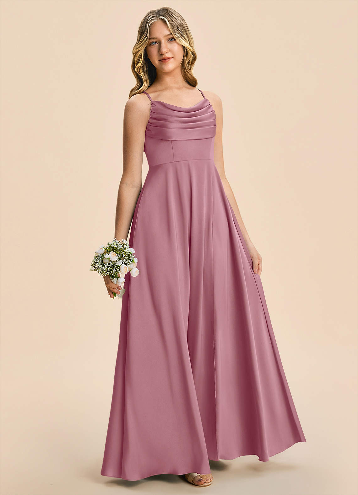 junior bridesmaid dresses mauve Azazie A-Line/Princess Cowl Neck Floor-Length Stretch Satin Størrelse:XS/S 1-age_-14-15-years Six Stories Womens Burnt shoulder dress is complete