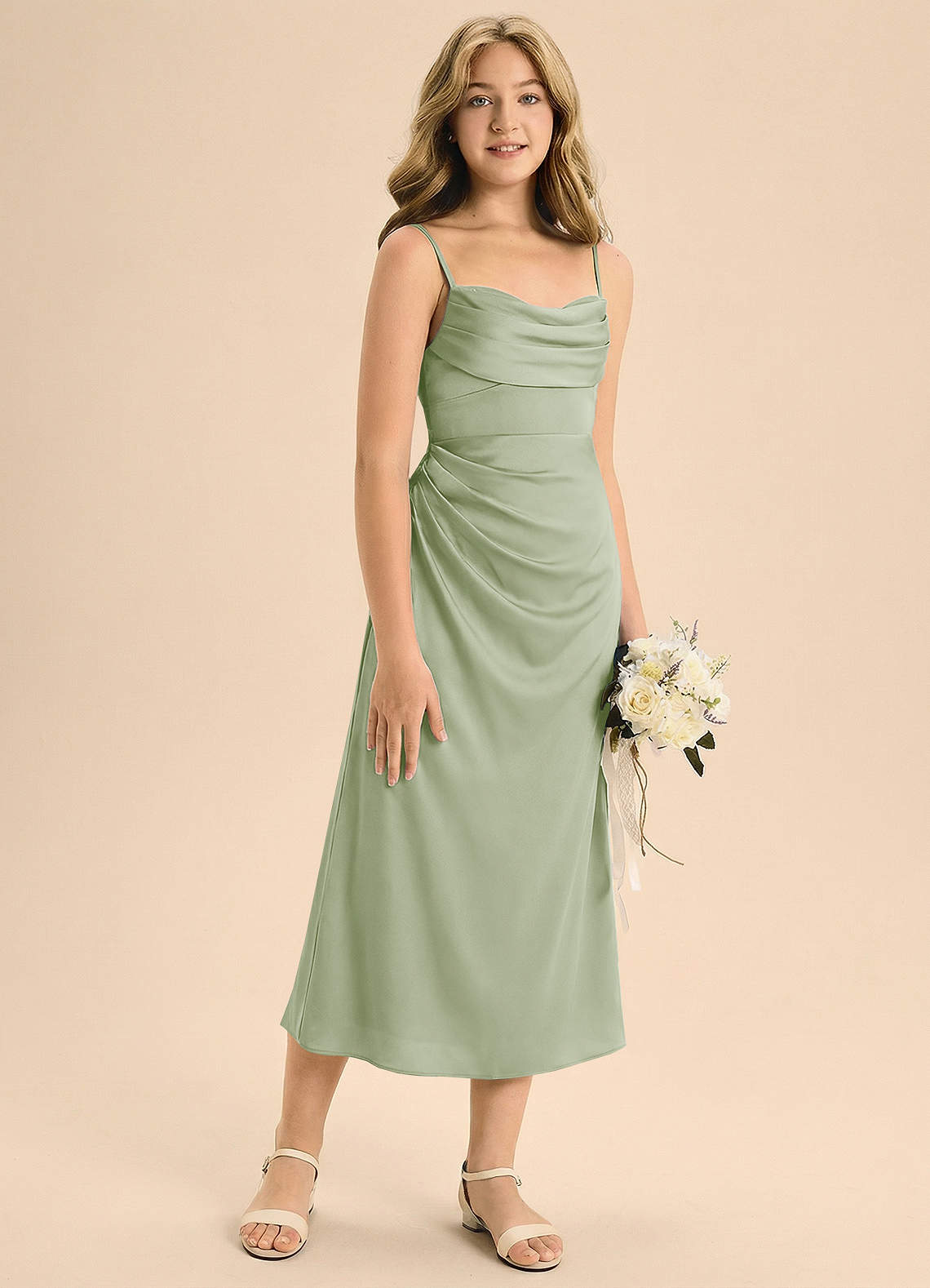 Azazie Mai Junior Skede Plisseret Stræk satin Te-længde Junior brudepige Kjole image4