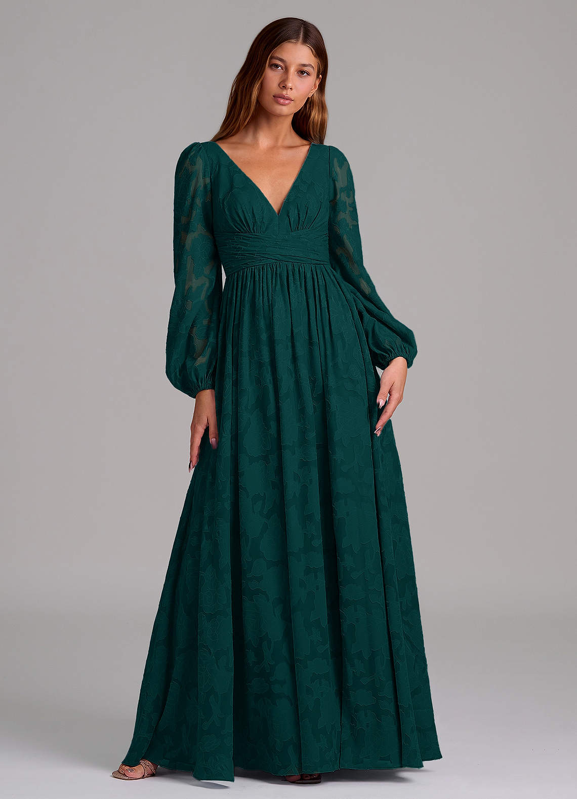 Azazie Norah Jurken voor bruidsmeisjes Jurk van Bloemen Burn-out met A-Lijn Lange mouw Pijnboom image1