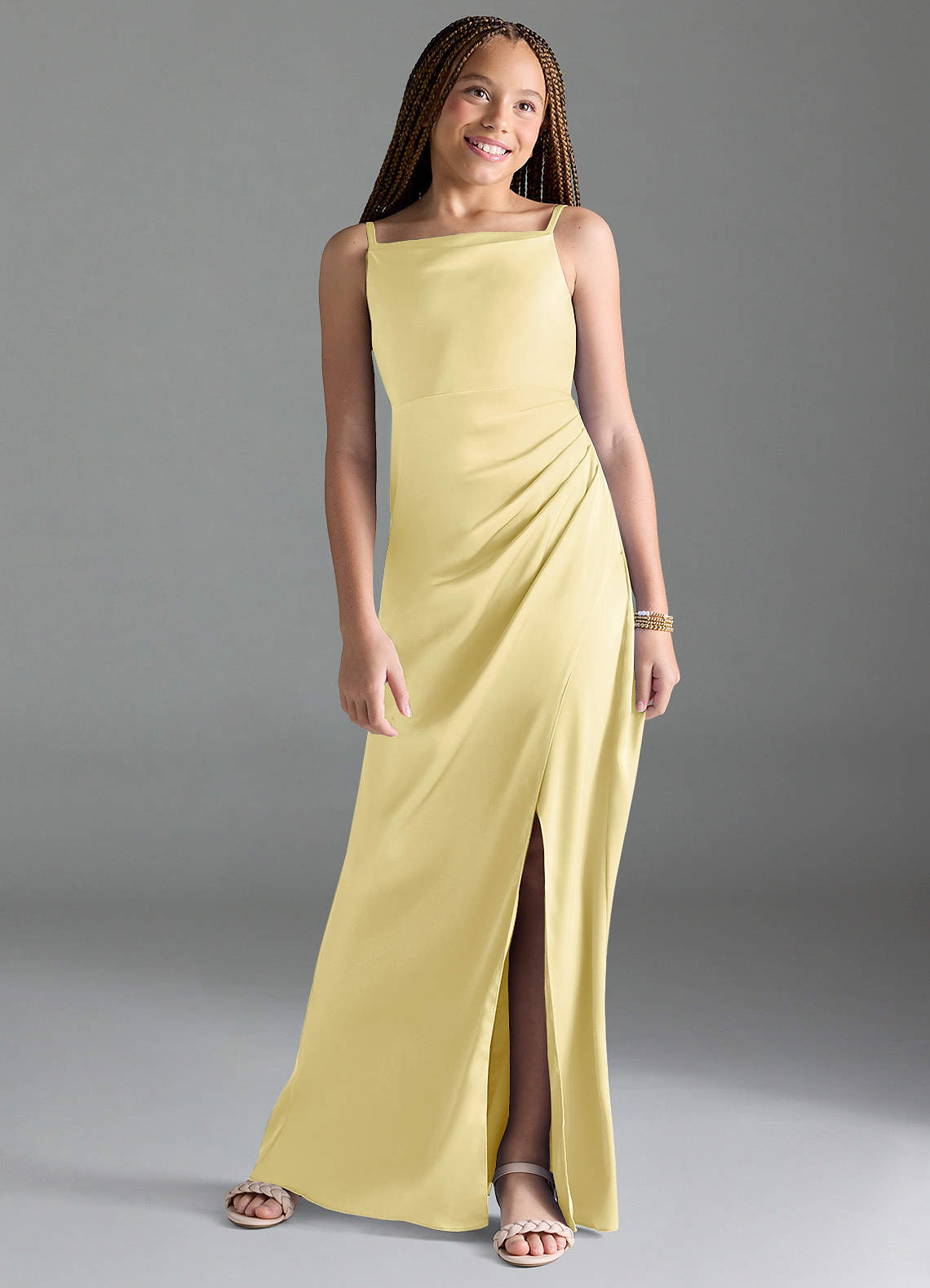 Azazie Leonis Junior Lemon Sorbet A-Line Pleated Stretch Satin Dress image1