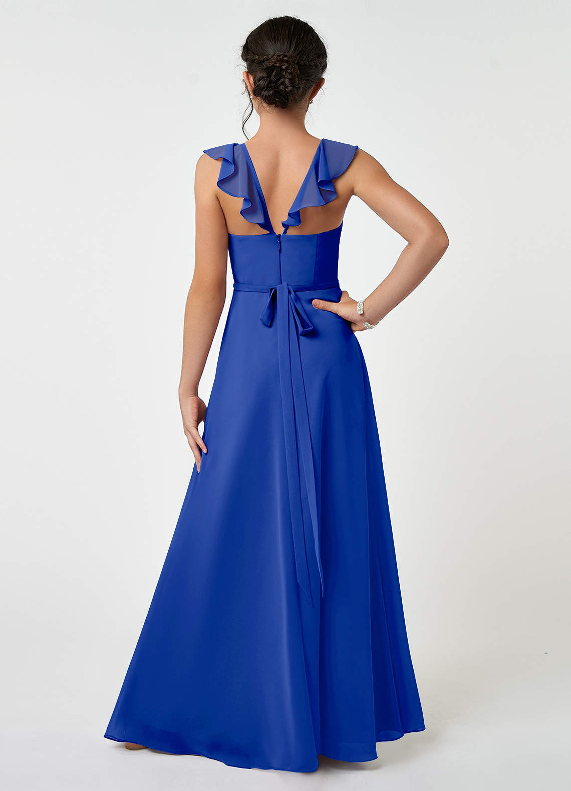 Azazie Emily Junior Robe Trapèze en Mousseline de soie Rayé Bleu Roi image1