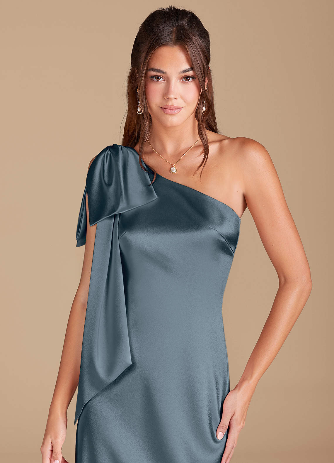 Azazie Sheath One-Shoulder Floor-Length Metallic Satin Bridesmaid Dresses