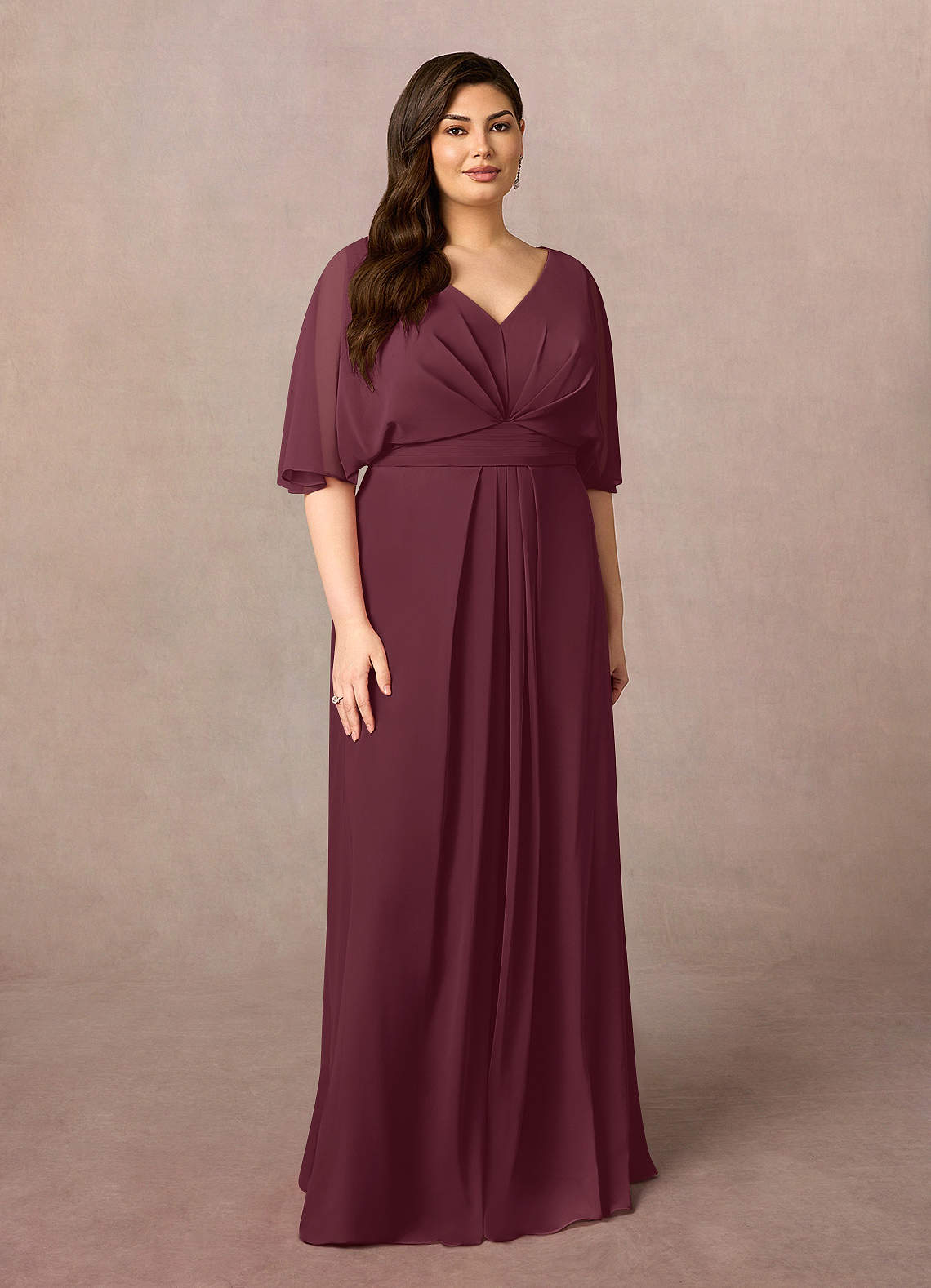 Azazie Oksana Cabernet A-Line V-Neck Pleated Chiffon Dress