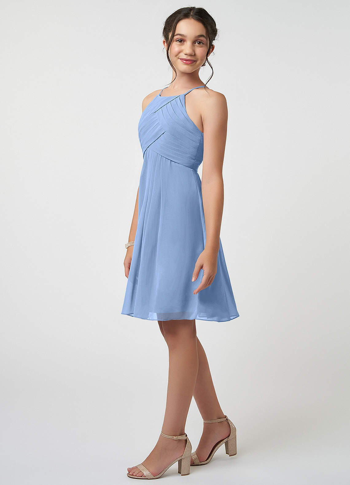 Azazie Ginny Junior Steel Blue A-Line Pleated Chiffon Dress image2