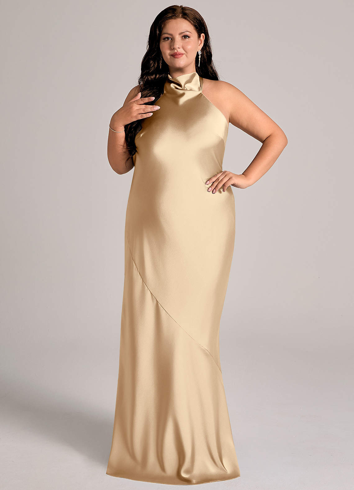 Azazie Velli Bridesmaid Dresses Champagne Mermaid High Neck Stretch Satin Dress image9