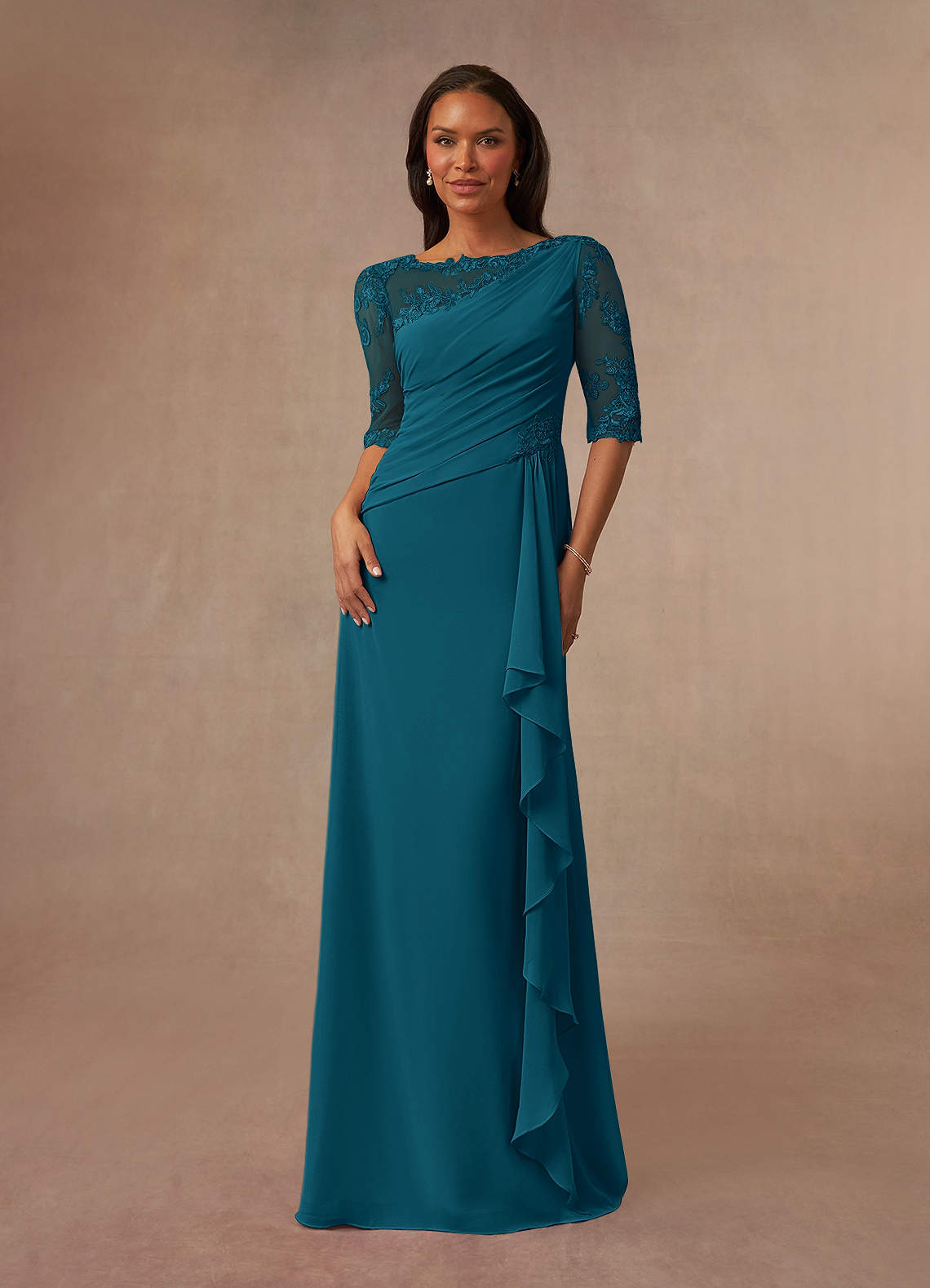 Azazie Dionysus Mother of the Bride Dresses Ink Blue A-Line Boatneck Lace Chiffon Dress image1