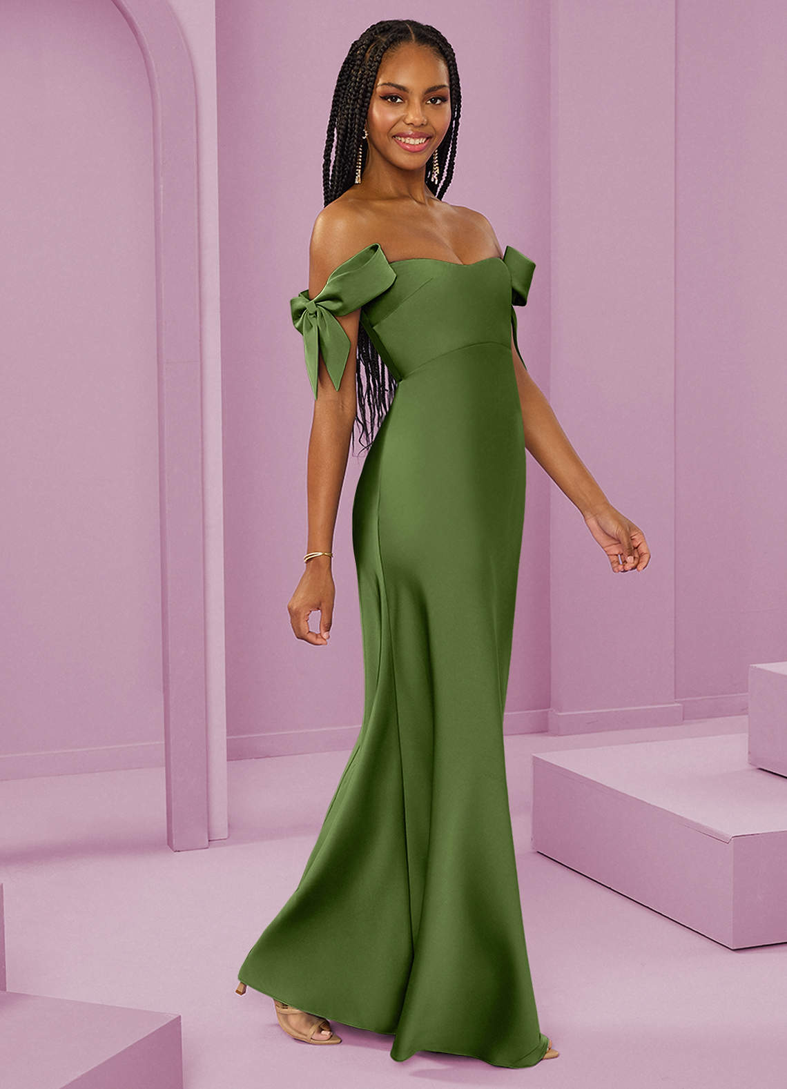 Barbie ♥ Azazie Jurken voor bruidsmeisjes Converteerbaar Jurk van Stretch Satijn met Kolom Off the Shoulder Jeneverbes image1