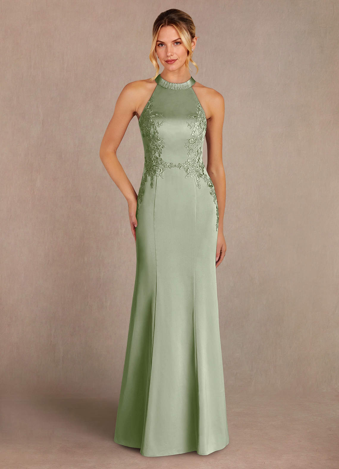 Azazie Tyra Mère de la mariée Robes Robe Sirène en Satin extensible Dentelle Vert Sauge image1